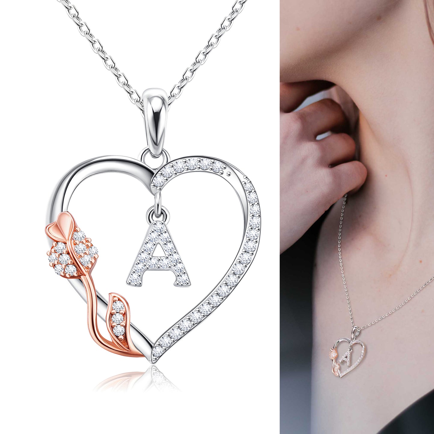 JSJOY Rose Heart Necklaces Gifts for Women Heart Initial Letter Pendant Necklaces Jewelry Anniversary Valentines Day Gifts for Her Mothers Day Birthday Gifts for Women Girls
