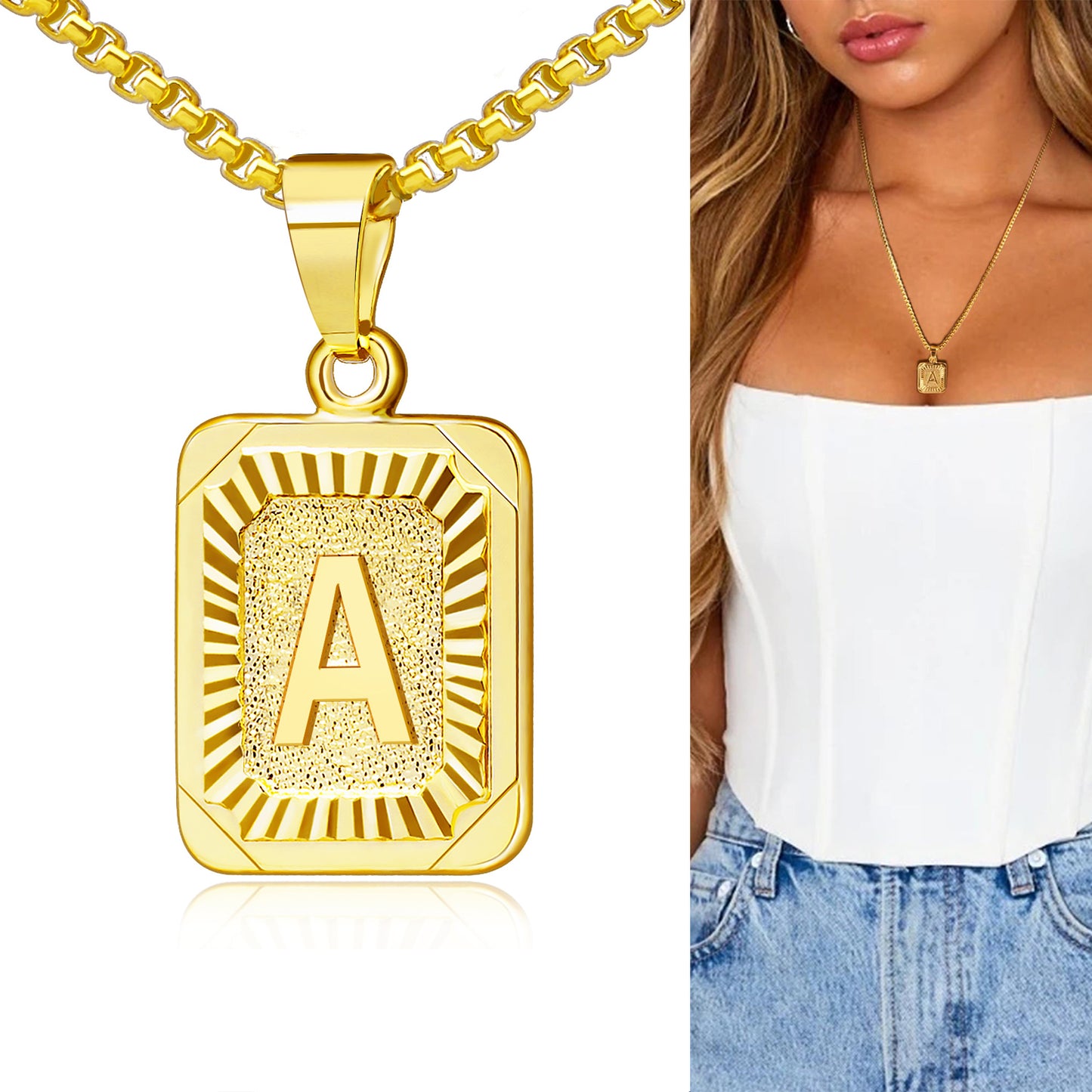 JSJOY 18K Yellow Gold Plated Initial A-Z Letter Pendant Necklace Mens Womens Capital Letter Chain 18inch