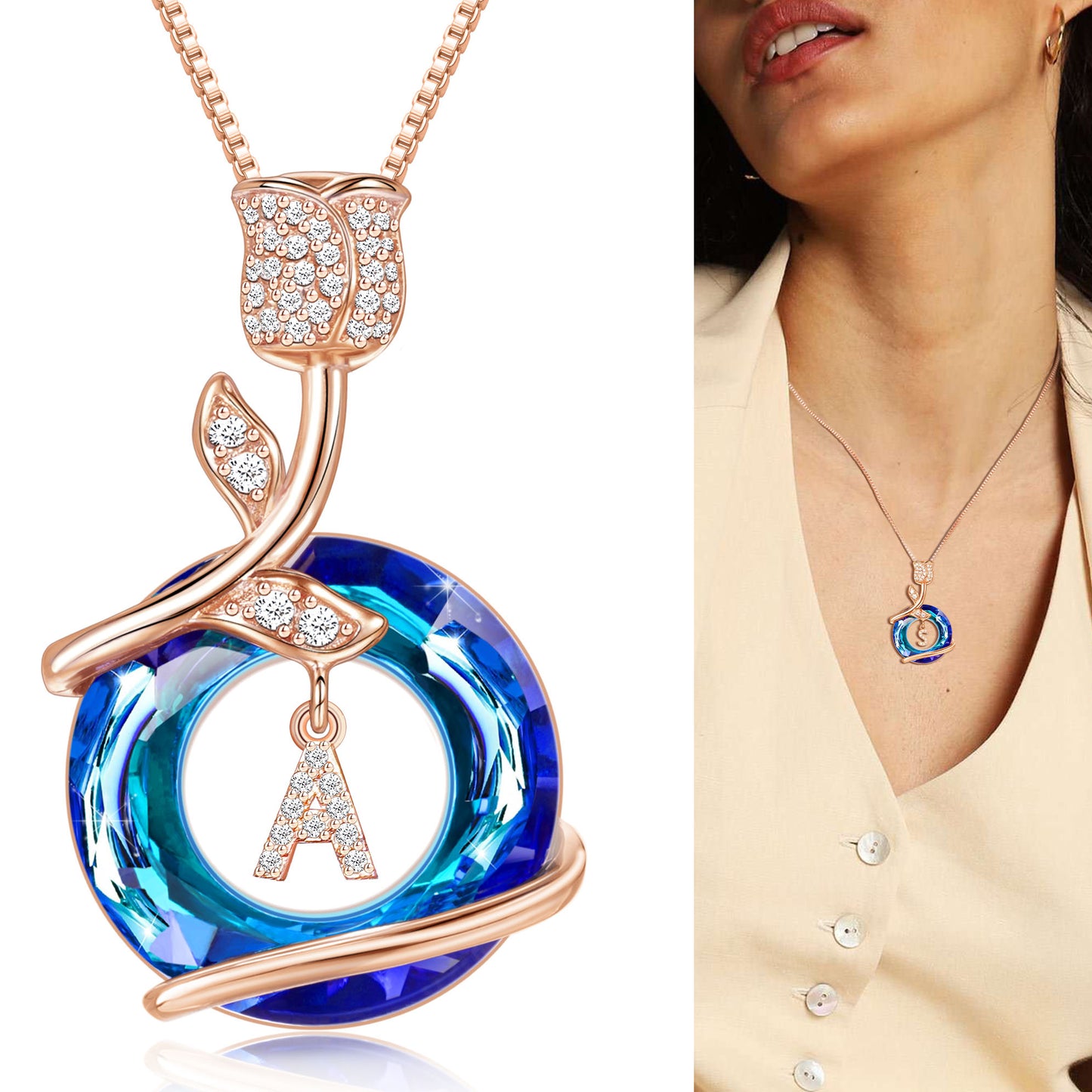 JSJOY Rose flower pendant initial necklace angel ring zircon inlaid necklace festival anniversary valentine's day mother's day Graduation season gift