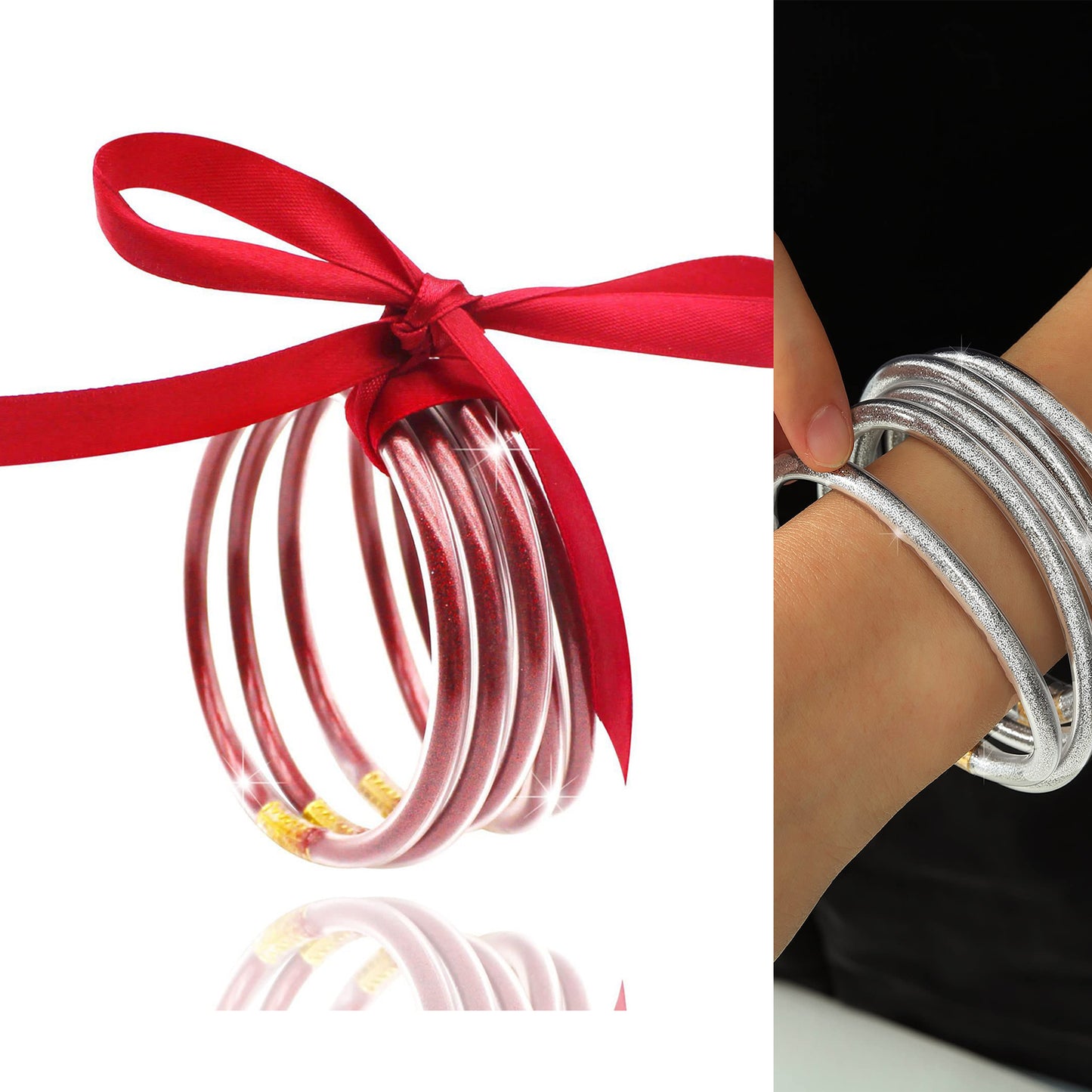 JSJOY Glitter Jelly Bangles Bracelets Set Red Layered Filled Jelly Silicone Bracelet Sparkling Bangle Bracelet for Women and Girls (Red)