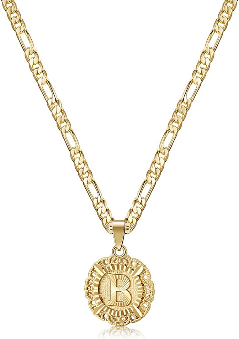 JSJOY Initial Necklace For Women Girl,14K Gold Plated Round Letter Pendant Necklace Capital Monogram Necklace Alhpabets from A-Z Figaro Chain Necklace