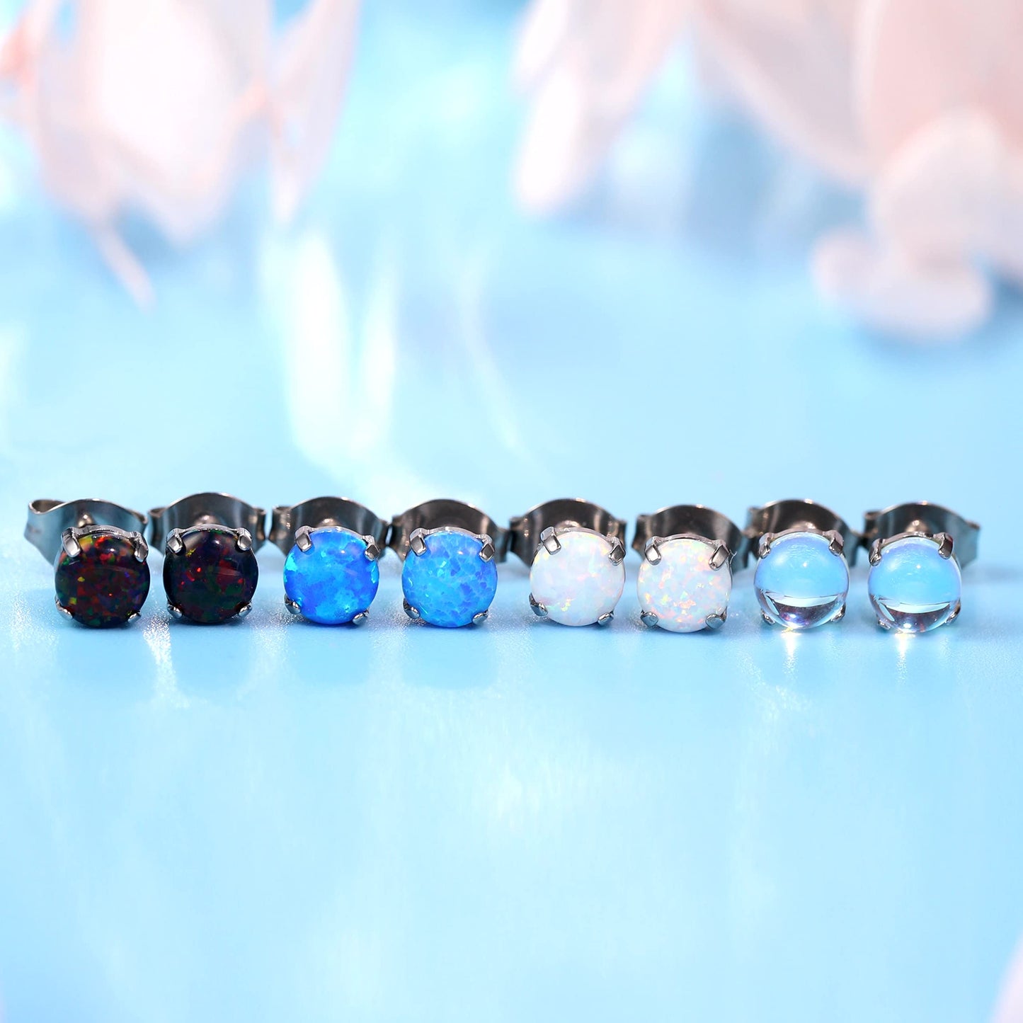 Opal/Moonstone Cat's Eye Blue Turquoise Stud Earrings Pure Titanium Hypoallergenic Earrings Stud Earrings Implant Grade Delicate Jewelry For Sensitive Ears