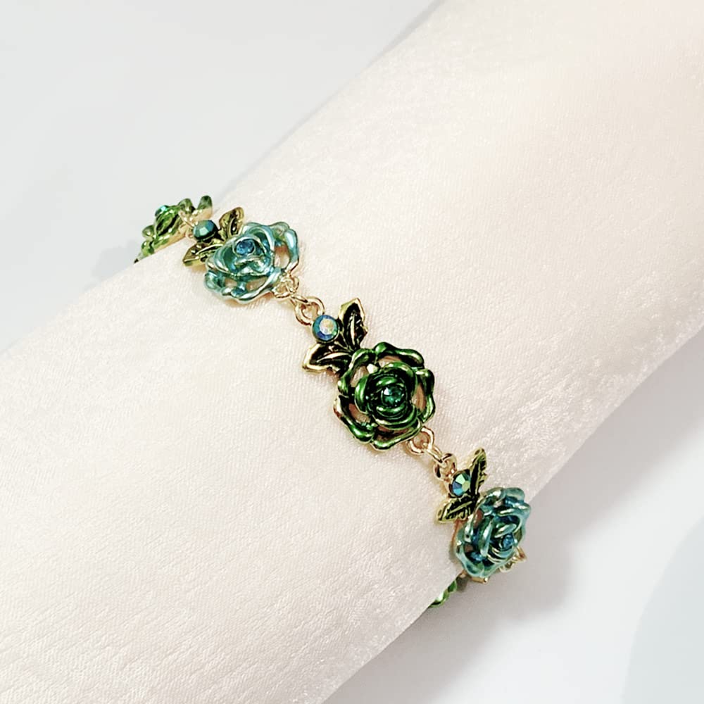 JSJOY Flower Bracelet Colorful Link Bracelets Rose Flower Leaf Bangle Bracelet Anklet Cloisonne Chain Hand Jewelry with Charm for Women Lady Girl Daughter with Extension Chain Gift Box gift