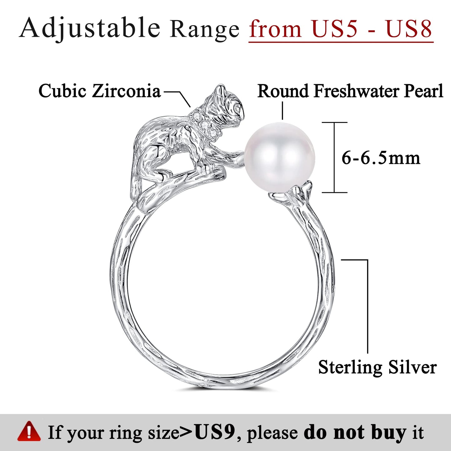 Pearl Ring Sterling Silver Rings for Women 925 Adjustable with Cubic Zirconia Open June Birthstone Rings for Teen Girls with Real Round Genuine Freshwater Cultured Stackable