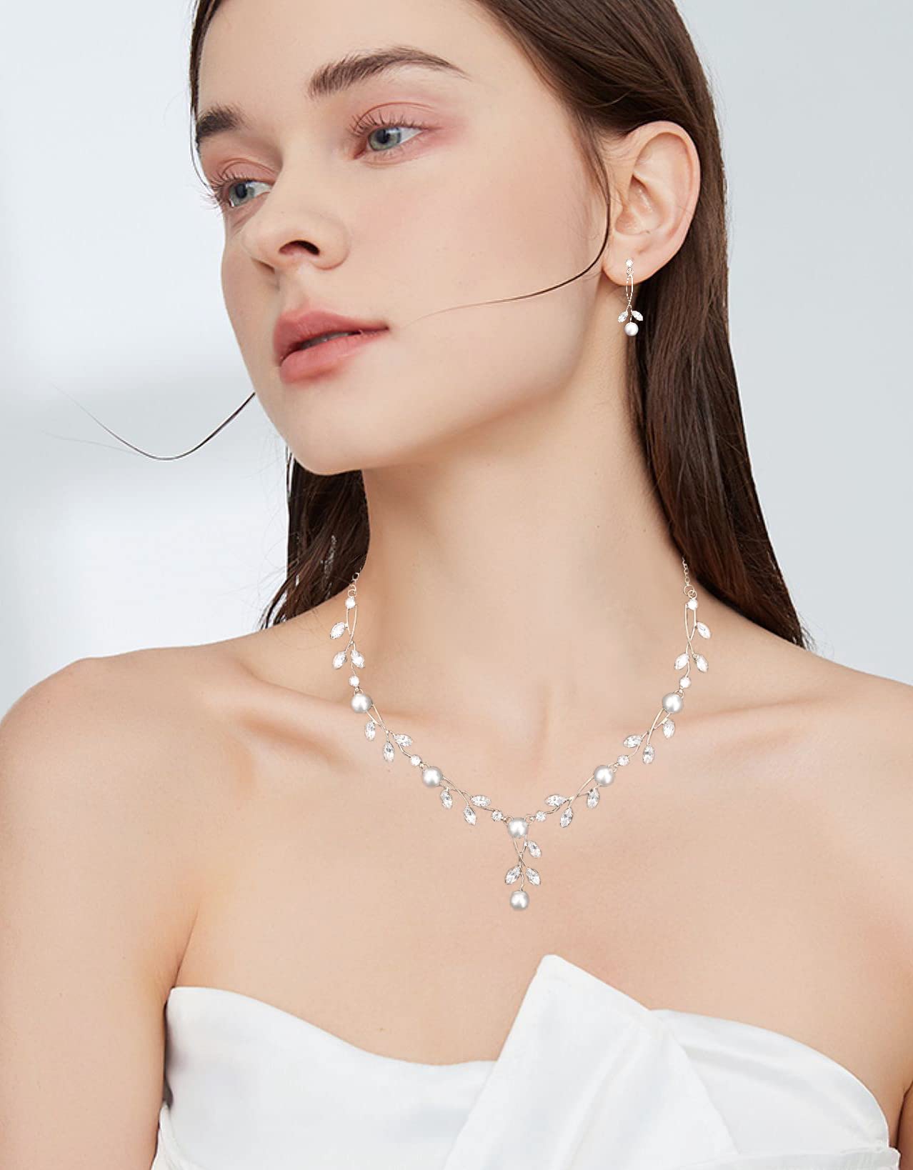 Luxury Cubic Zirconia Crystal Pearl Floral Necklace Dangle Earrings Wedding Bridal Jewelry Set Birthday Gifts for Her