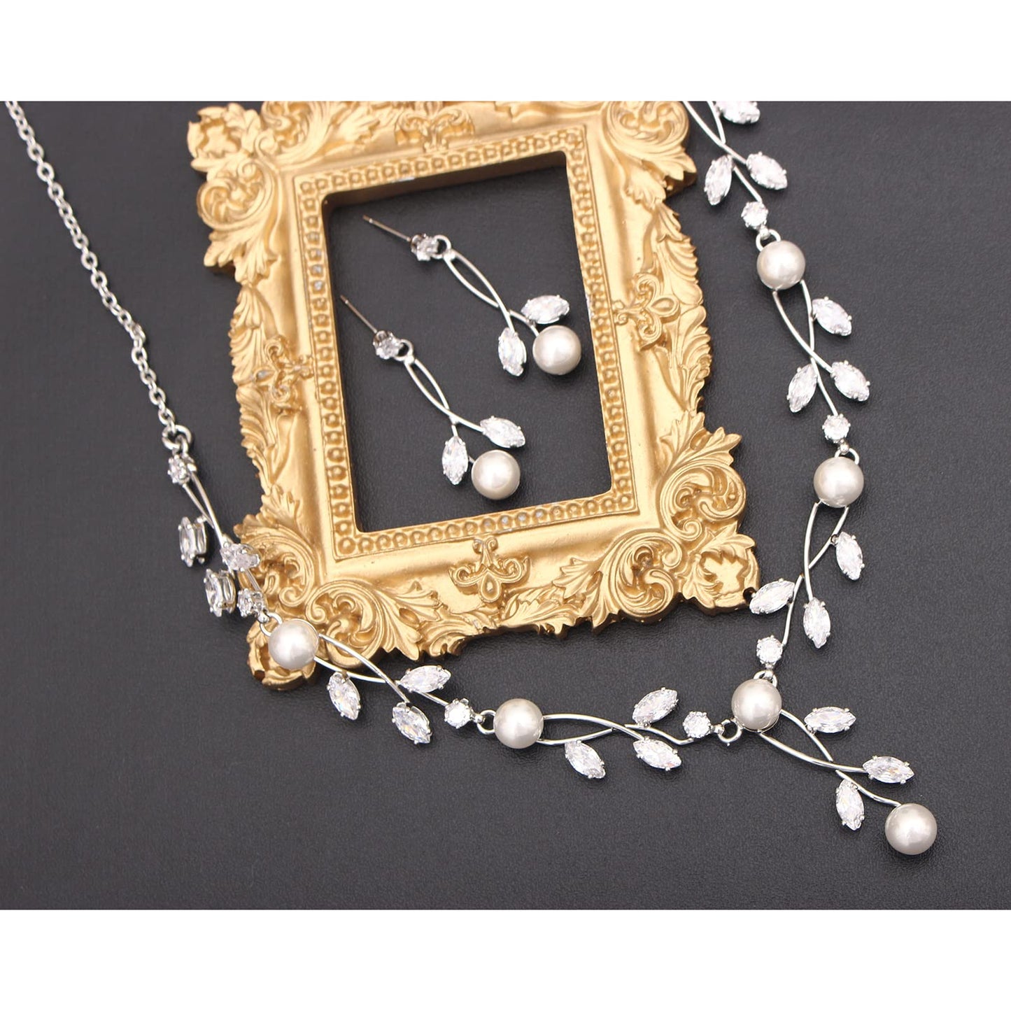Luxury Cubic Zirconia Crystal Pearl Floral Necklace Dangle Earrings Wedding Bridal Jewelry Set Birthday Gifts for Her