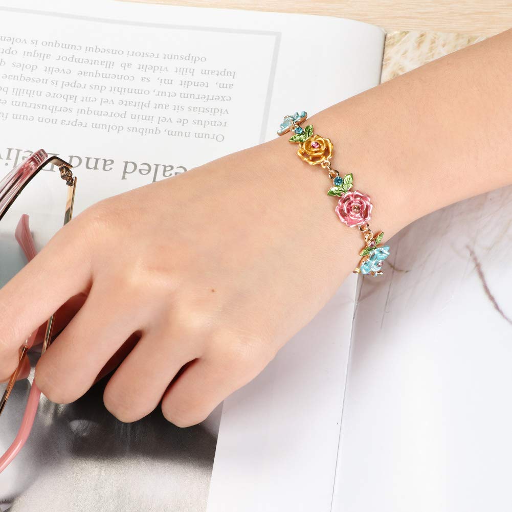 JSJOY Flower Bracelet Colorful Link Bracelets Rose Flower Leaf Bangle Bracelet Anklet Cloisonne Chain Hand Jewelry with Charm for Women Lady Girl Daughter with Extension Chain Gift Box gift