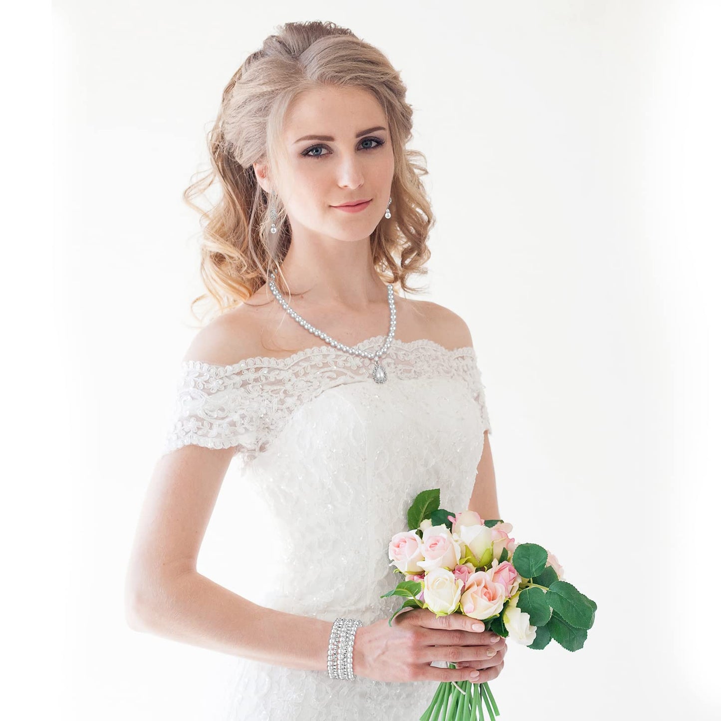 8 Pcs Pearl Necklace Pearl Earrings Pearl Bracelet Set fashion Simulated Pearls Accessories Wedding Pearl Jewelry Set Christmas Gift for Women Mom Wife