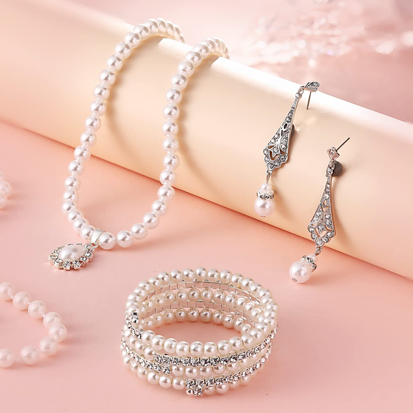 8 Pcs Pearl Necklace Pearl Earrings Pearl Bracelet Set fashion Simulated Pearls Accessories Wedding Pearl Jewelry Set Christmas Gift for Women Mom Wife