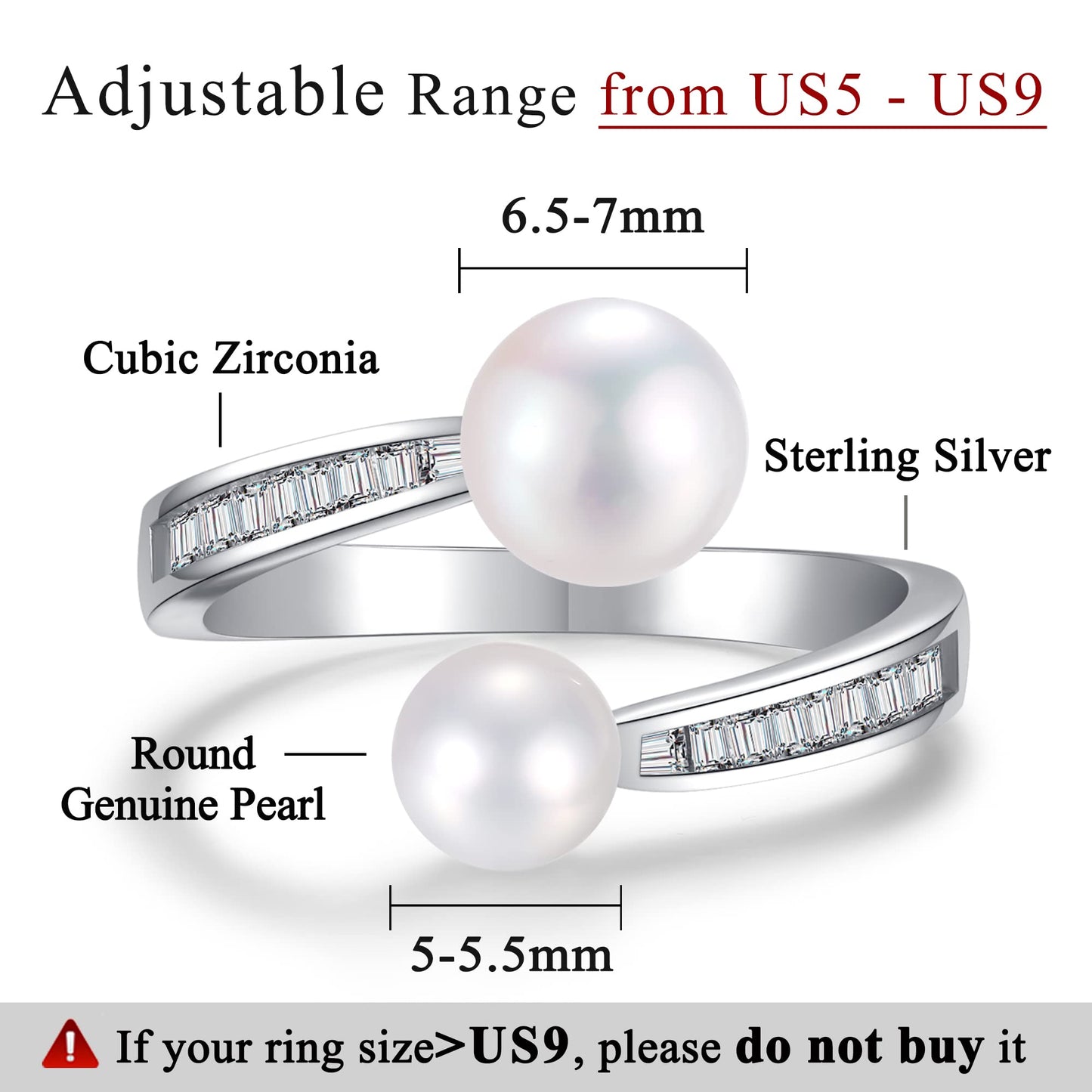 Pearl Ring Sterling Silver Rings for Women 925 Adjustable with Cubic Zirconia Open June Birthstone Rings for Teen Girls with Real Round Genuine Freshwater Cultured Stackable