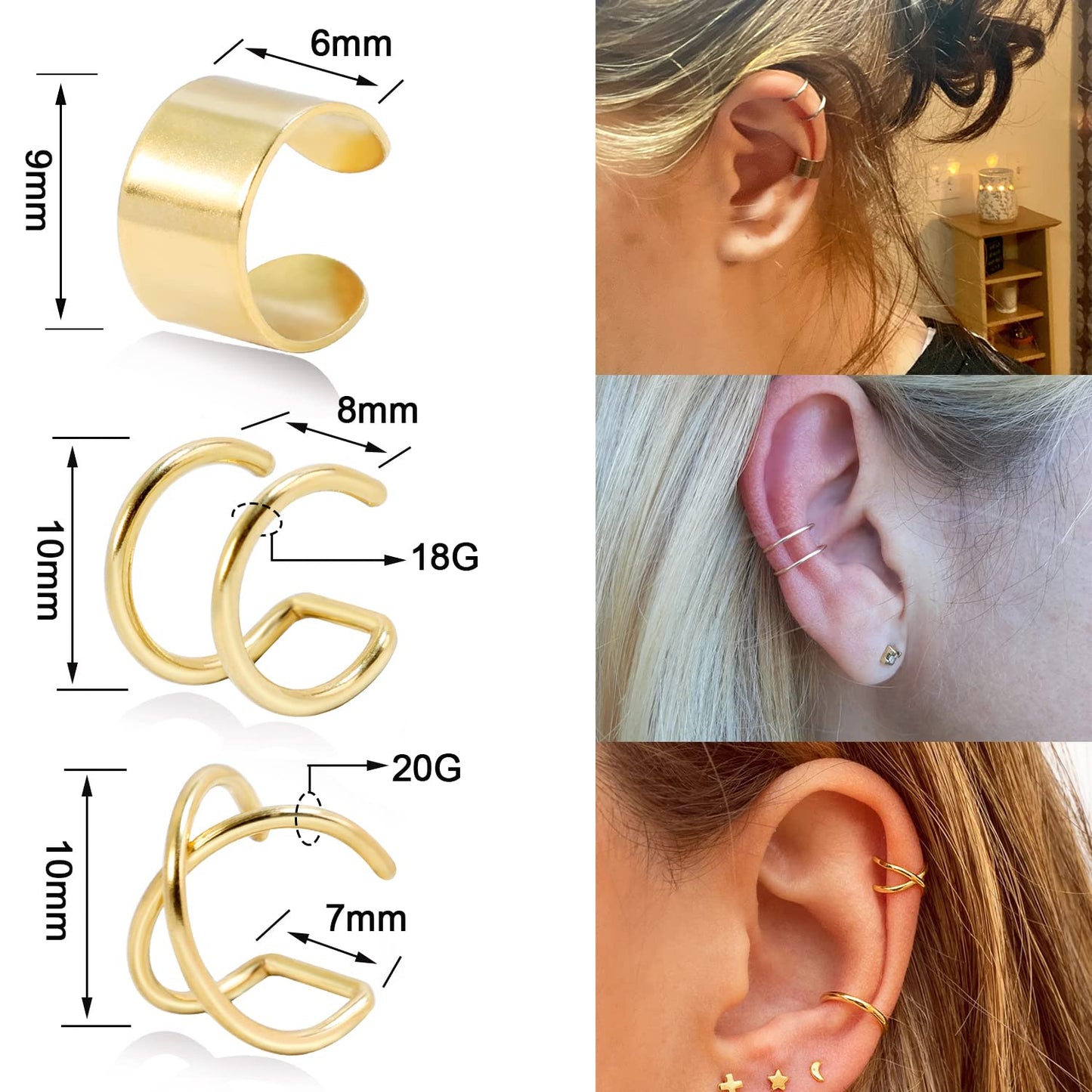 Gold Cuff Earrings for Women/Man Trendy Cute Ear Cuff Set Non Piercing Fake Helix Cartilage Huggie Cross Cuff Earrings 14K Gold Plated Hypoallergenic Simple Double Lines Ear Cuff Earrings (6pcs)