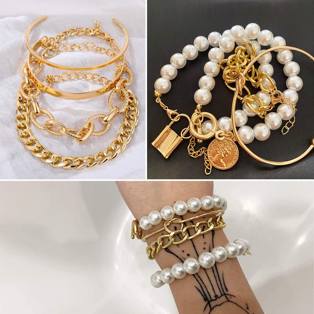 JSJOY 18-25 Pcs (6 Pack) 14K Gold Silver Bracelets Set for Women Girls Boho Stackable Y2K Chain Layered Multipack Bangles Adjustable Layering Cuff Italian Cuban Anklet Charm Chunky Bracelet Bundle Jewelry