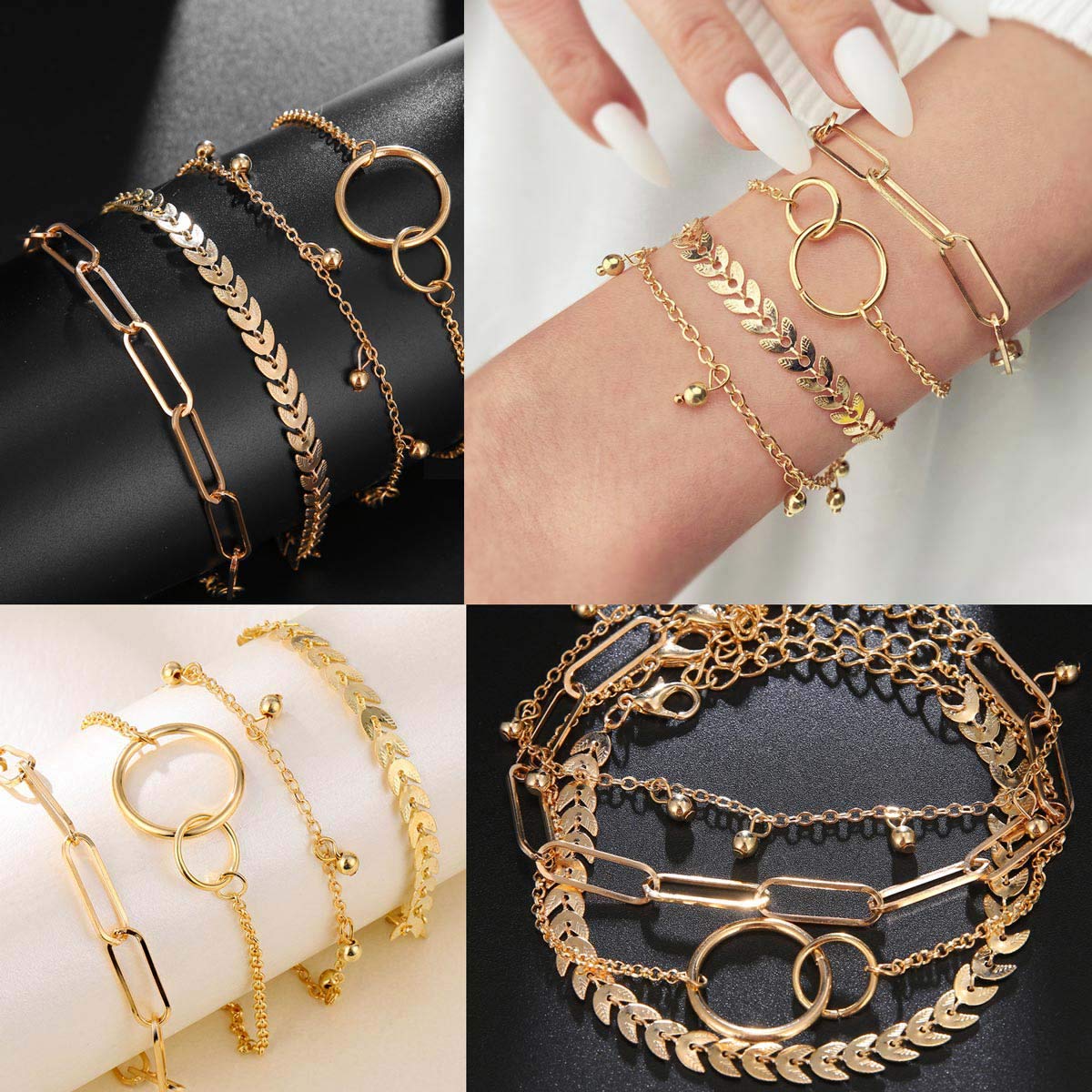 JSJOY 18-25 Pcs (6 Pack) 14K Gold Silver Bracelets Set for Women Girls Boho Stackable Y2K Chain Layered Multipack Bangles Adjustable Layering Cuff Italian Cuban Anklet Charm Chunky Bracelet Bundle Jewelry