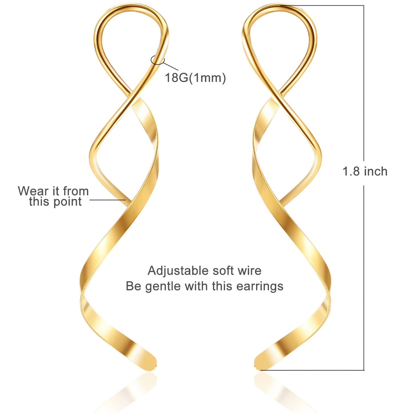 JSJOY Earrings for Women Spiral Threader Earrings Stainless steel Handmade Twisted Curved Pull Through Silver Gold Drop Dangle Earrings Jewelry for Women