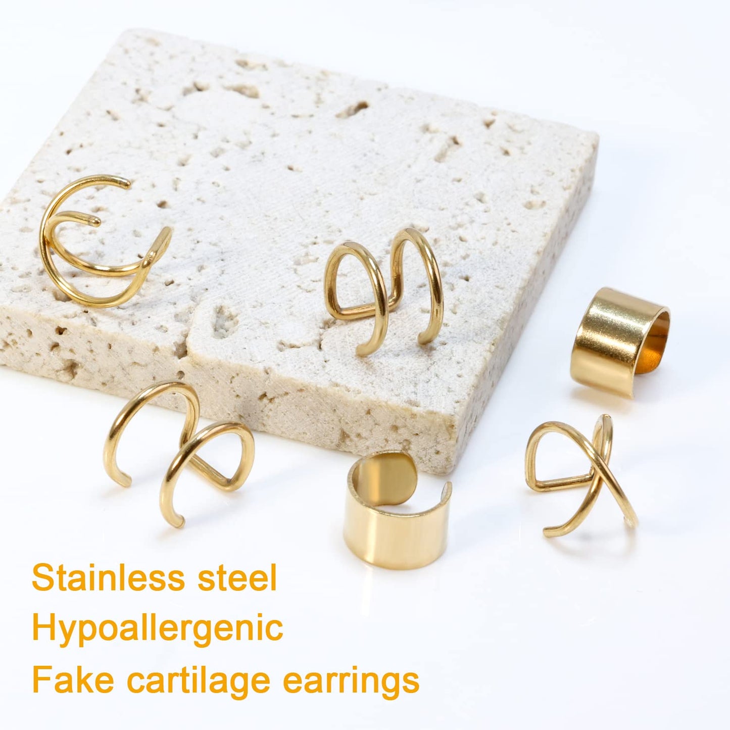 Gold Cuff Earrings for Women/Man Trendy Cute Ear Cuff Set Non Piercing Fake Helix Cartilage Huggie Cross Cuff Earrings 14K Gold Plated Hypoallergenic Simple Double Lines Ear Cuff Earrings (6pcs)