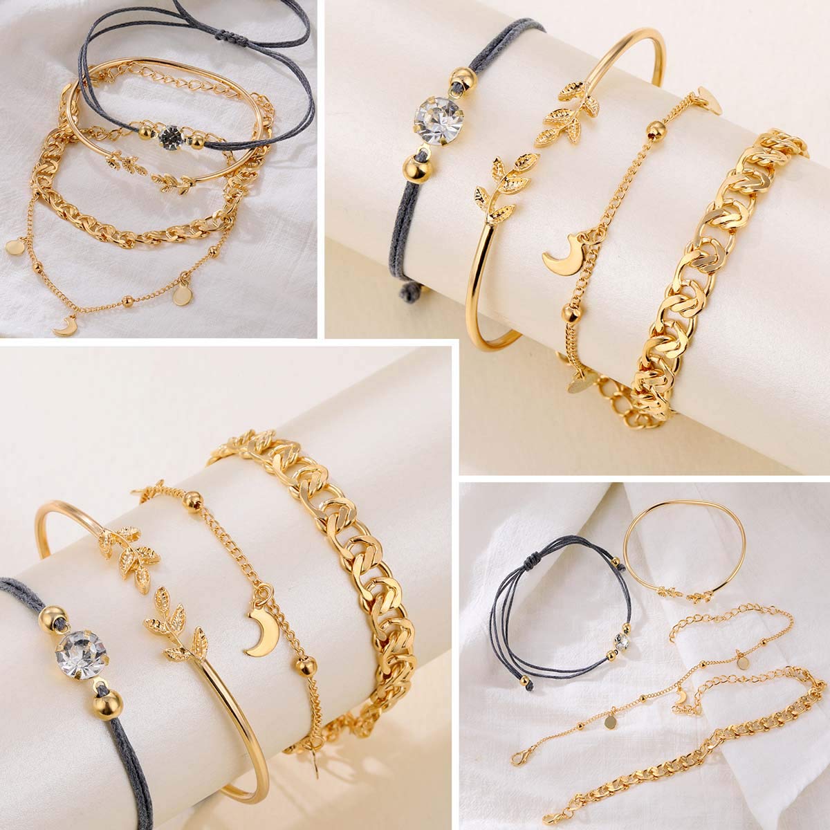 JSJOY 18-25 Pcs (6 Pack) 14K Gold Silver Bracelets Set for Women Girls Boho Stackable Y2K Chain Layered Multipack Bangles Adjustable Layering Cuff Italian Cuban Anklet Charm Chunky Bracelet Bundle Jewelry