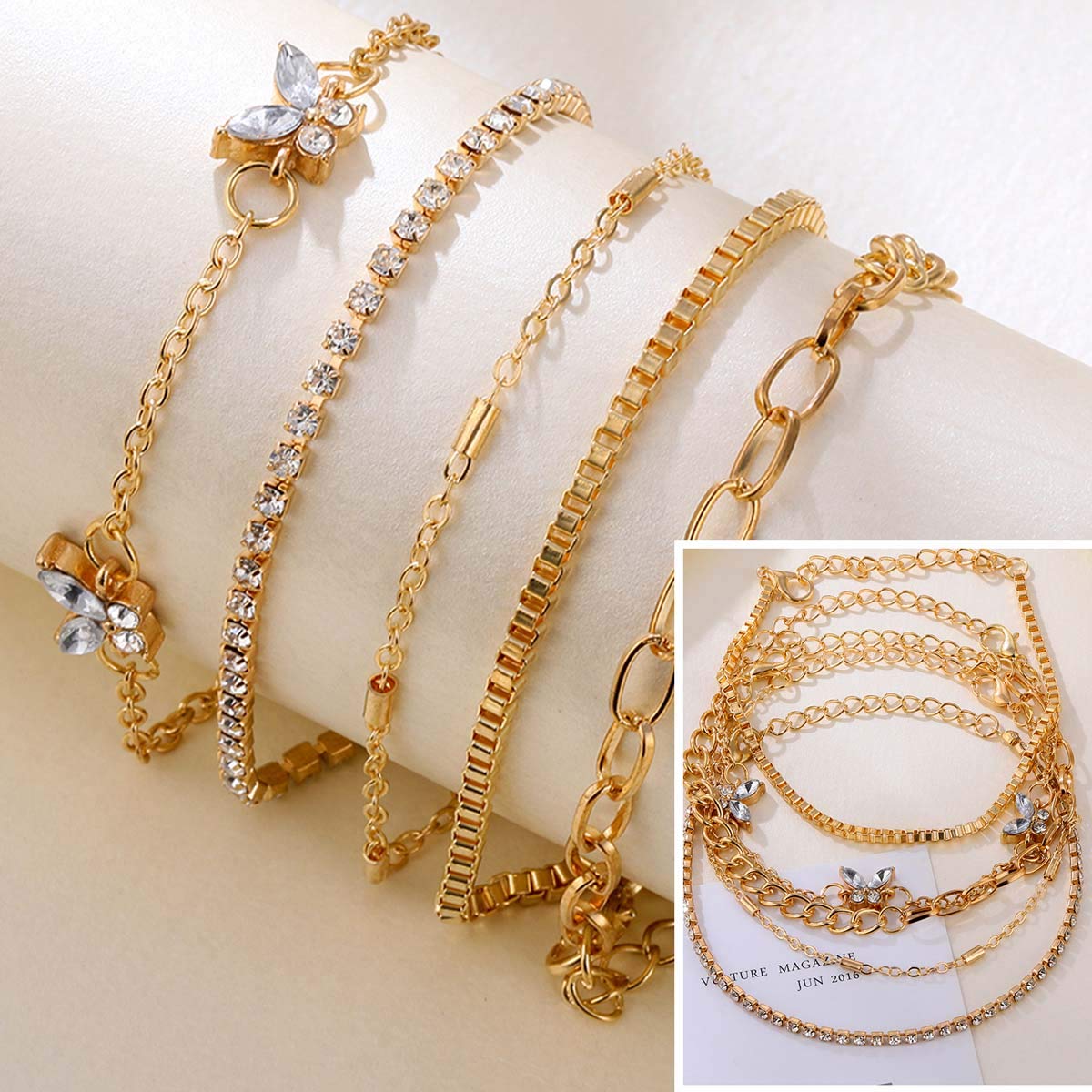JSJOY 18-25 Pcs (6 Pack) 14K Gold Silver Bracelets Set for Women Girls Boho Stackable Y2K Chain Layered Multipack Bangles Adjustable Layering Cuff Italian Cuban Anklet Charm Chunky Bracelet Bundle Jewelry