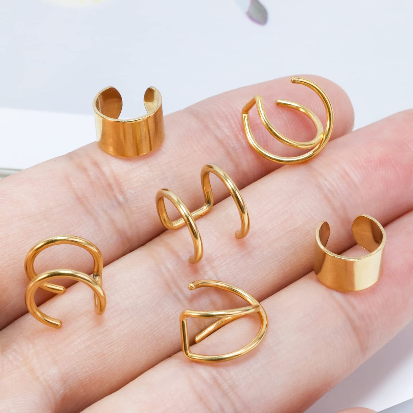Gold Cuff Earrings for Women/Man Trendy Cute Ear Cuff Set Non Piercing Fake Helix Cartilage Huggie Cross Cuff Earrings 14K Gold Plated Hypoallergenic Simple Double Lines Ear Cuff Earrings (6pcs)