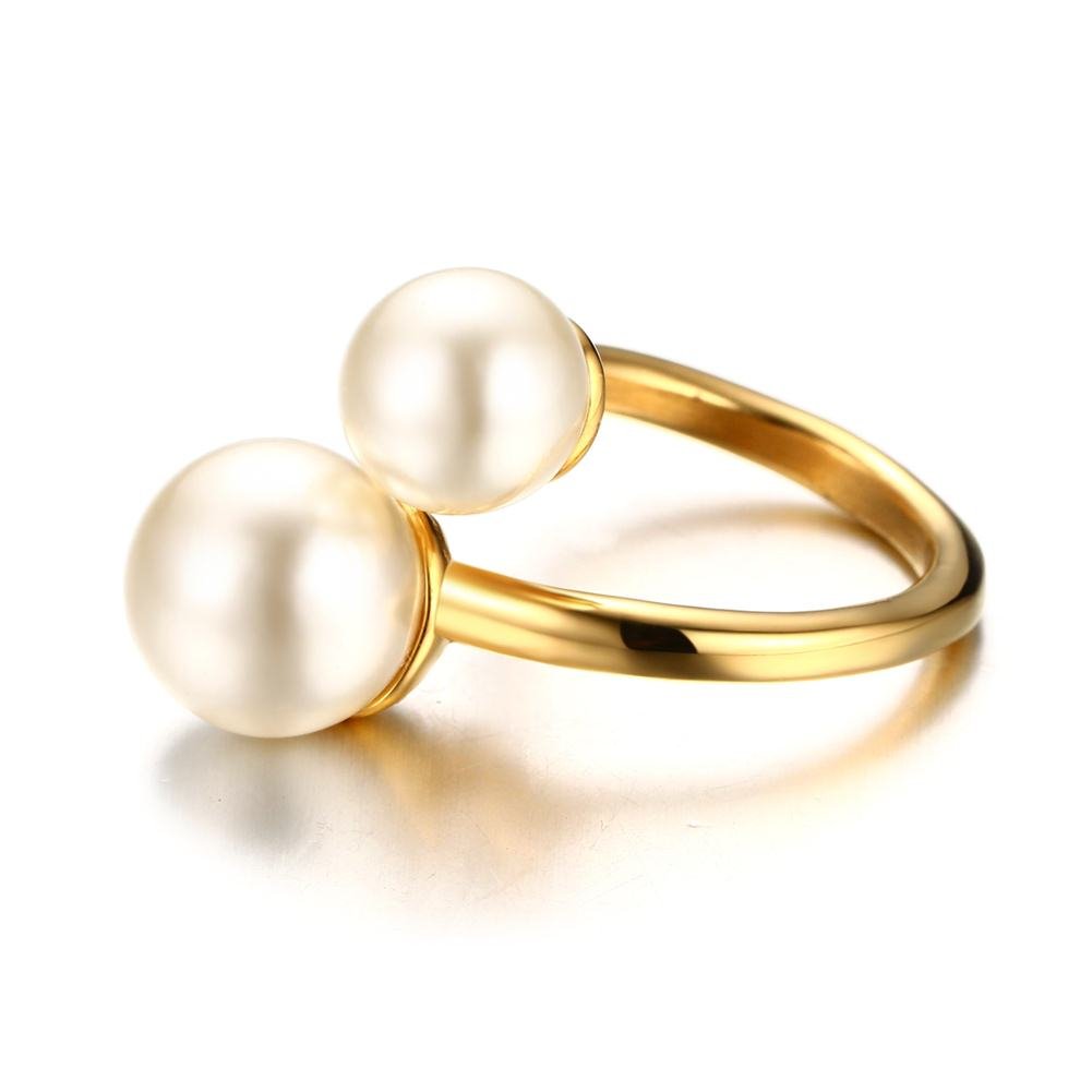 Pearl Ring fashion Double Simulated Wrap Gold Plated Stainless Steel Large Statement Ring for Women