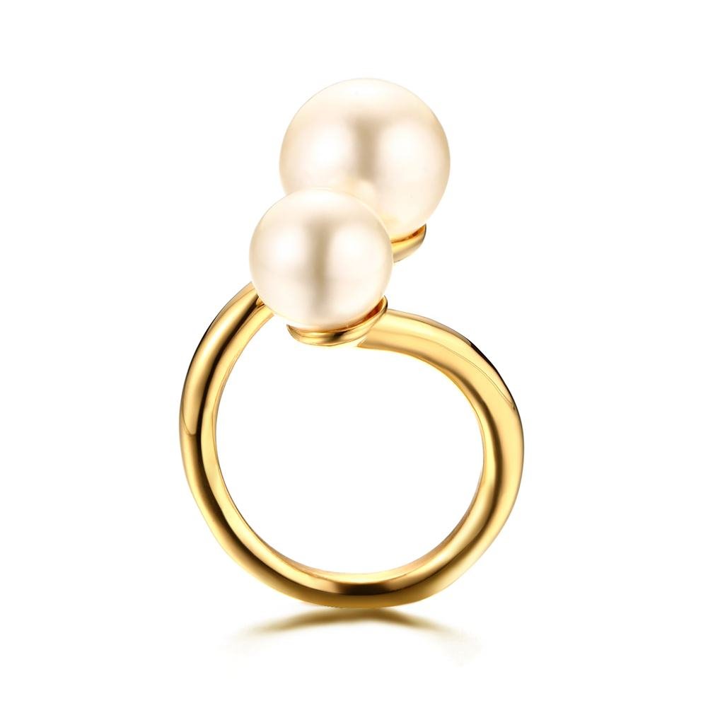 Pearl Ring fashion Double Simulated Wrap Gold Plated Stainless Steel Large Statement Ring for Women
