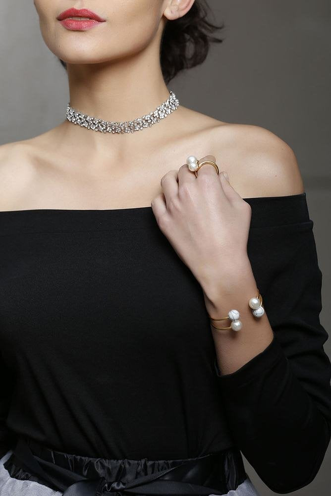 Pearl Ring fashion Double Simulated Wrap Gold Plated Stainless Steel Large Statement Ring for Women