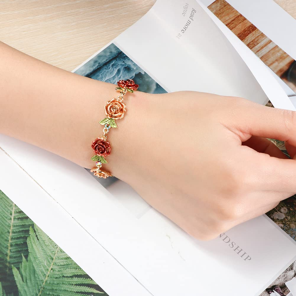JSJOY Flower Bracelet Colorful Link Bracelets Rose Flower Leaf Bangle Bracelet Anklet Cloisonne Chain Hand Jewelry with Charm for Women Lady Girl Daughter with Extension Chain Gift Box gift