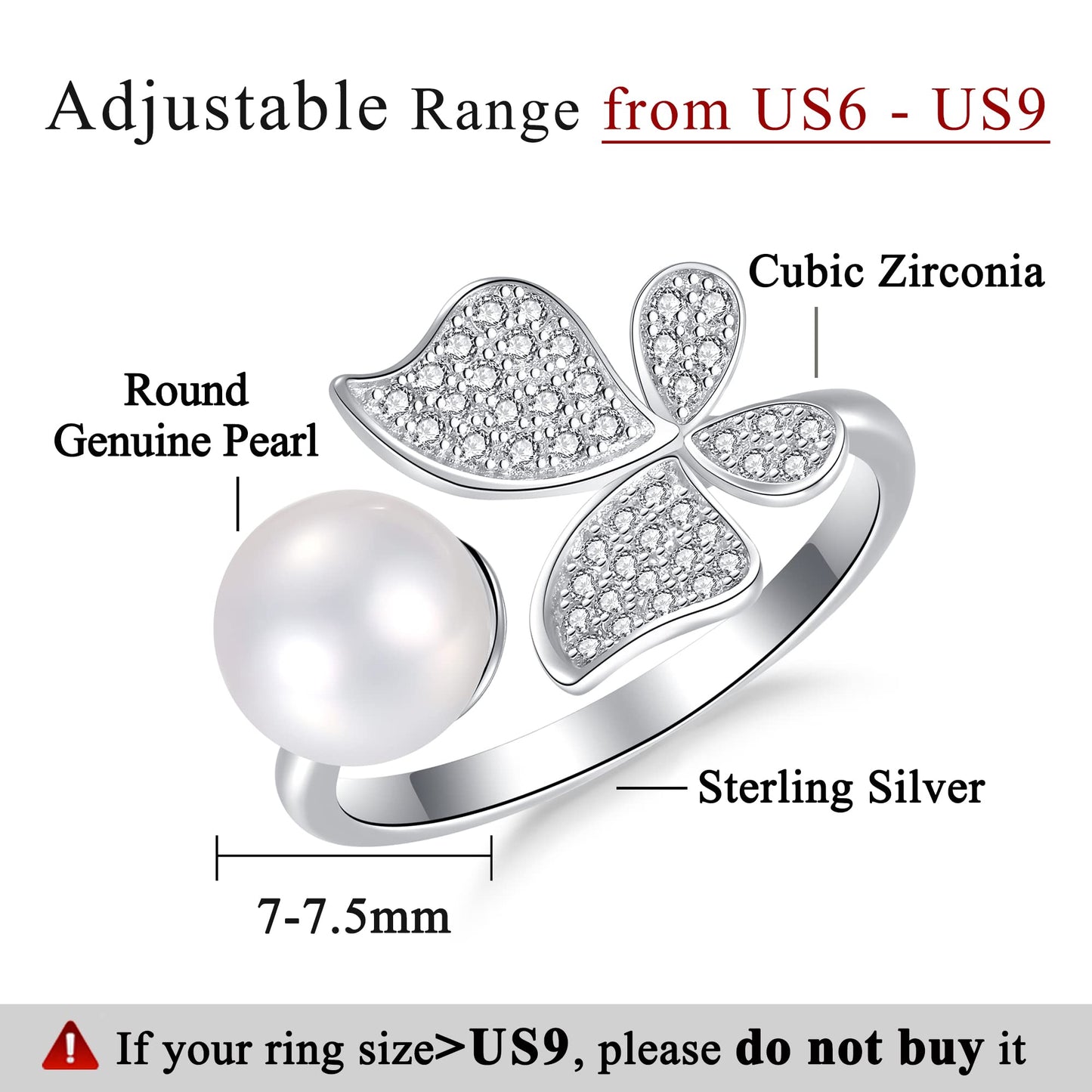 Pearl Ring Sterling Silver Rings for Women 925 Adjustable with Cubic Zirconia Open June Birthstone Rings for Teen Girls with Real Round Genuine Freshwater Cultured Stackable