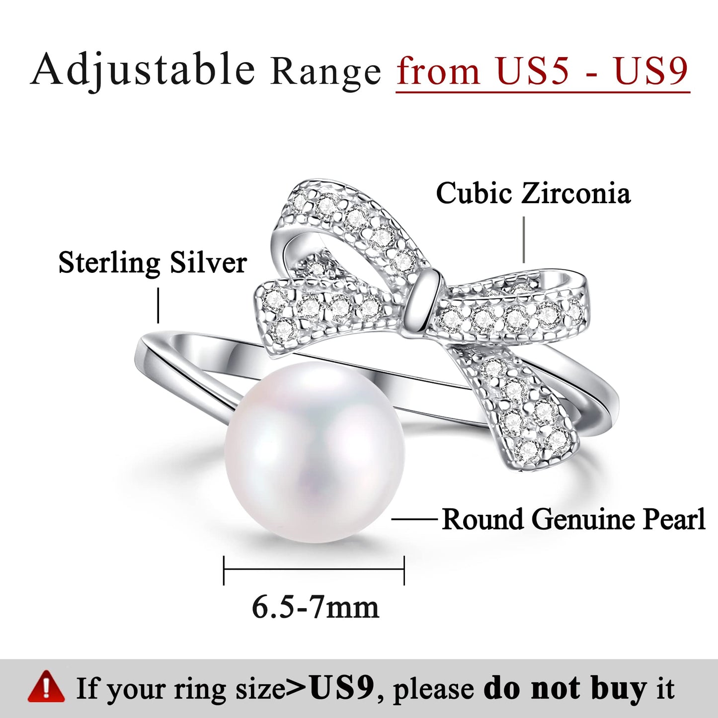 Pearl Ring Sterling Silver Rings for Women 925 Adjustable with Cubic Zirconia Open June Birthstone Rings for Teen Girls with Real Round Genuine Freshwater Cultured Stackable