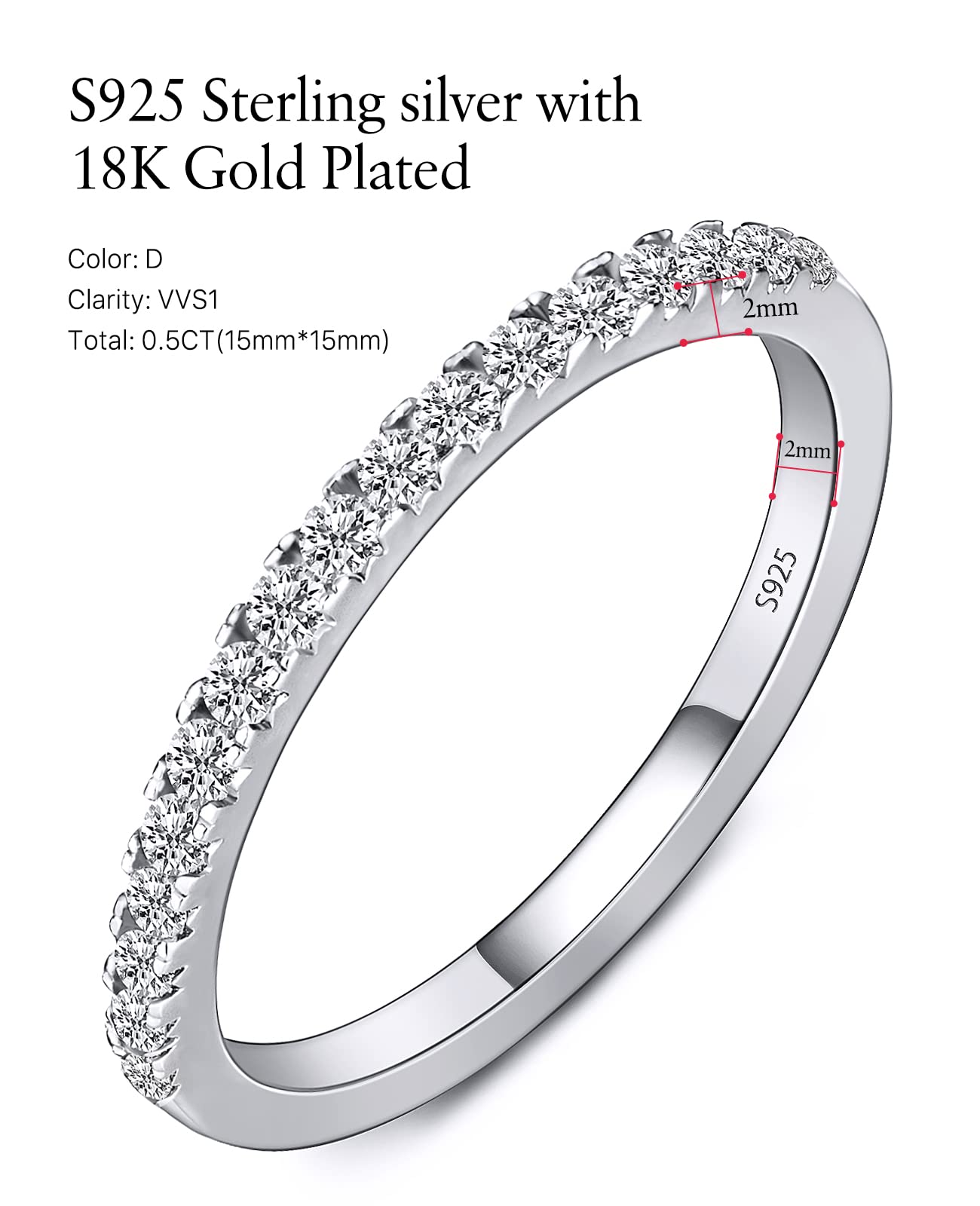 JSJOY FashionHalf Eternity Ring for Women, S925 Moissanite Stackable Engagement Ring, Promise Wedding Bands Sterling Silver Ring, Clarity Unisex Diamond Simulated Anniversary Rings