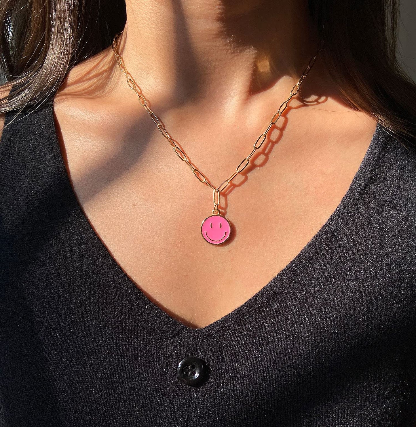 JSJOY Smiley Face Necklace 14K Gold Plated Paperclip Necklace Preppy Jewelry Y2K Trendy Necklace for Women Teen Girls