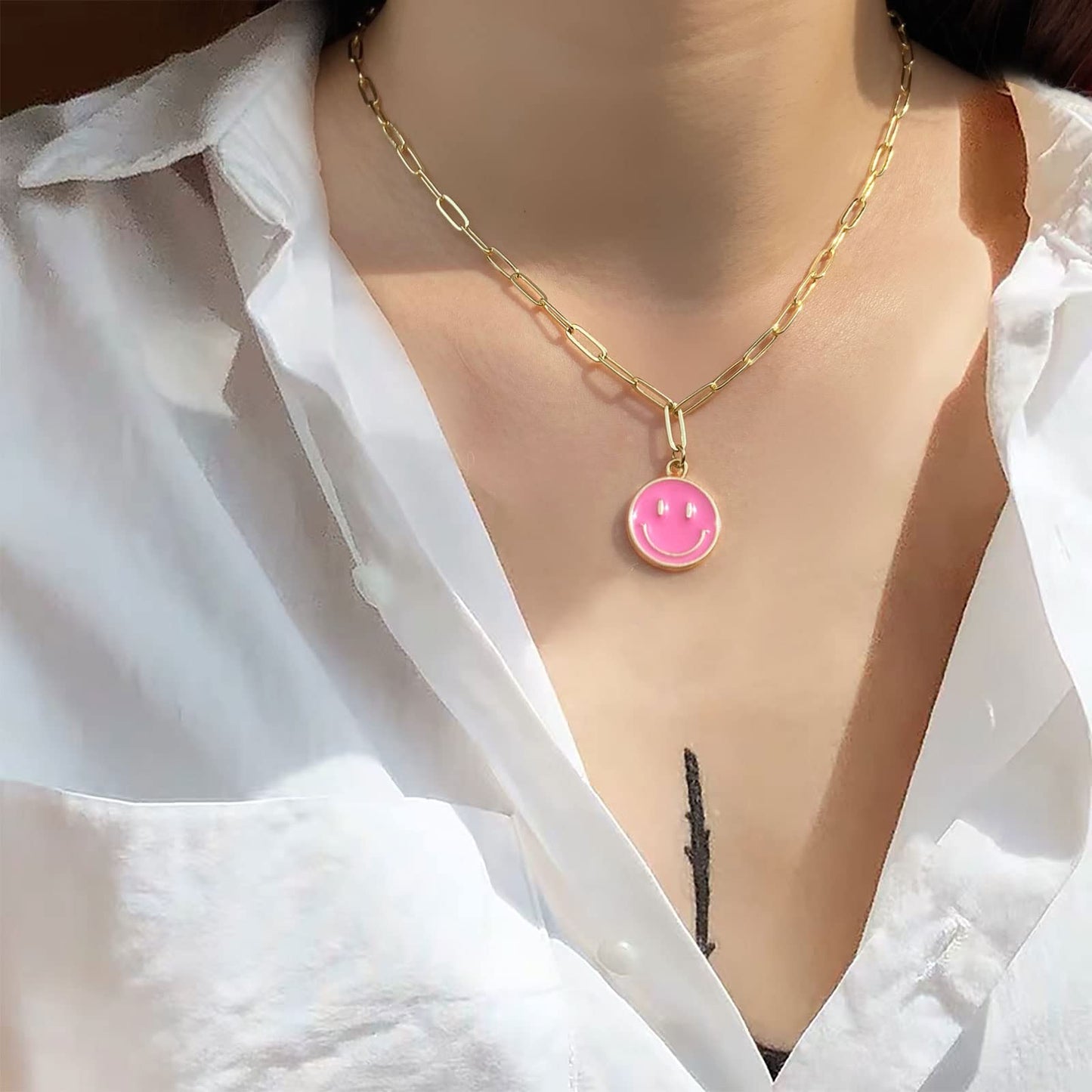 JSJOY Smiley Face Necklace 14K Gold Plated Paperclip Necklace Preppy Jewelry Y2K Trendy Necklace for Women Teen Girls