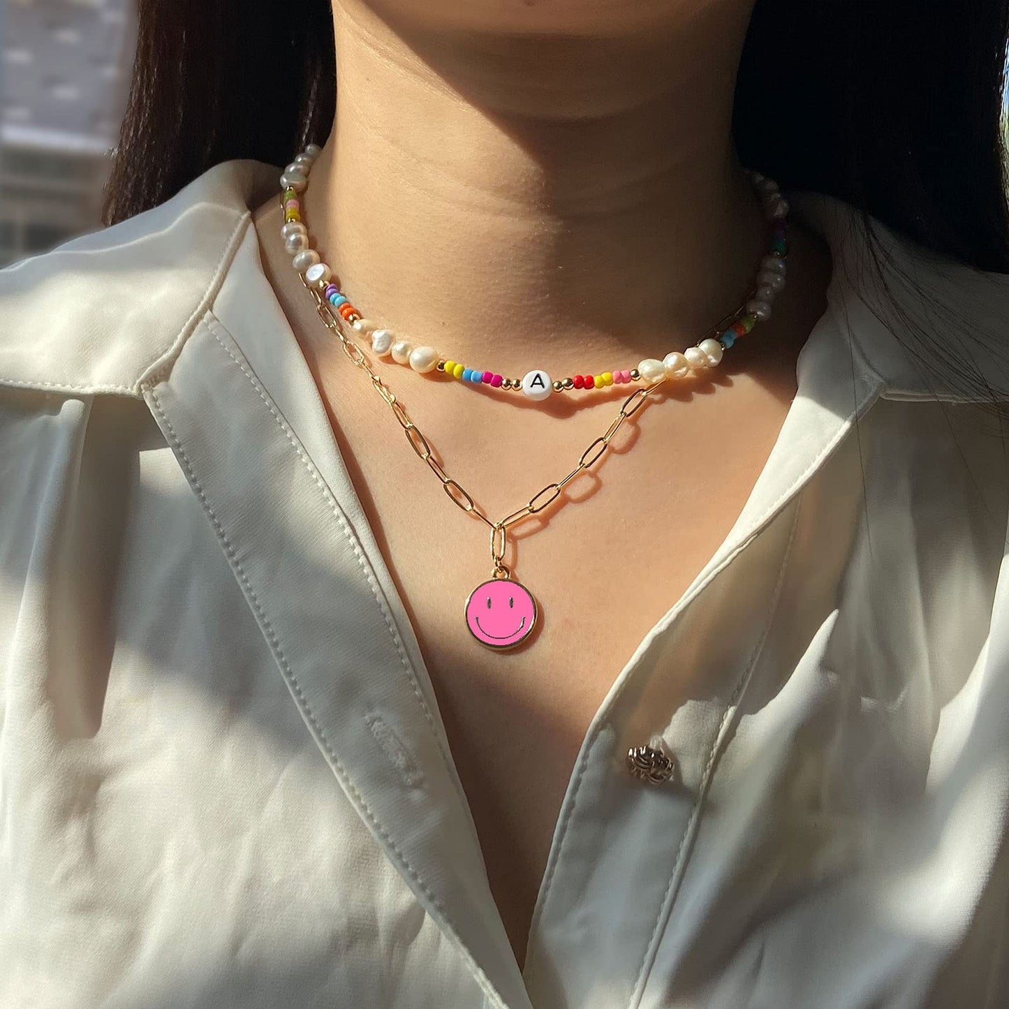 JSJOY Smiley Face Necklace 14K Gold Plated Paperclip Necklace Preppy Jewelry Y2K Trendy Necklace for Women Teen Girls