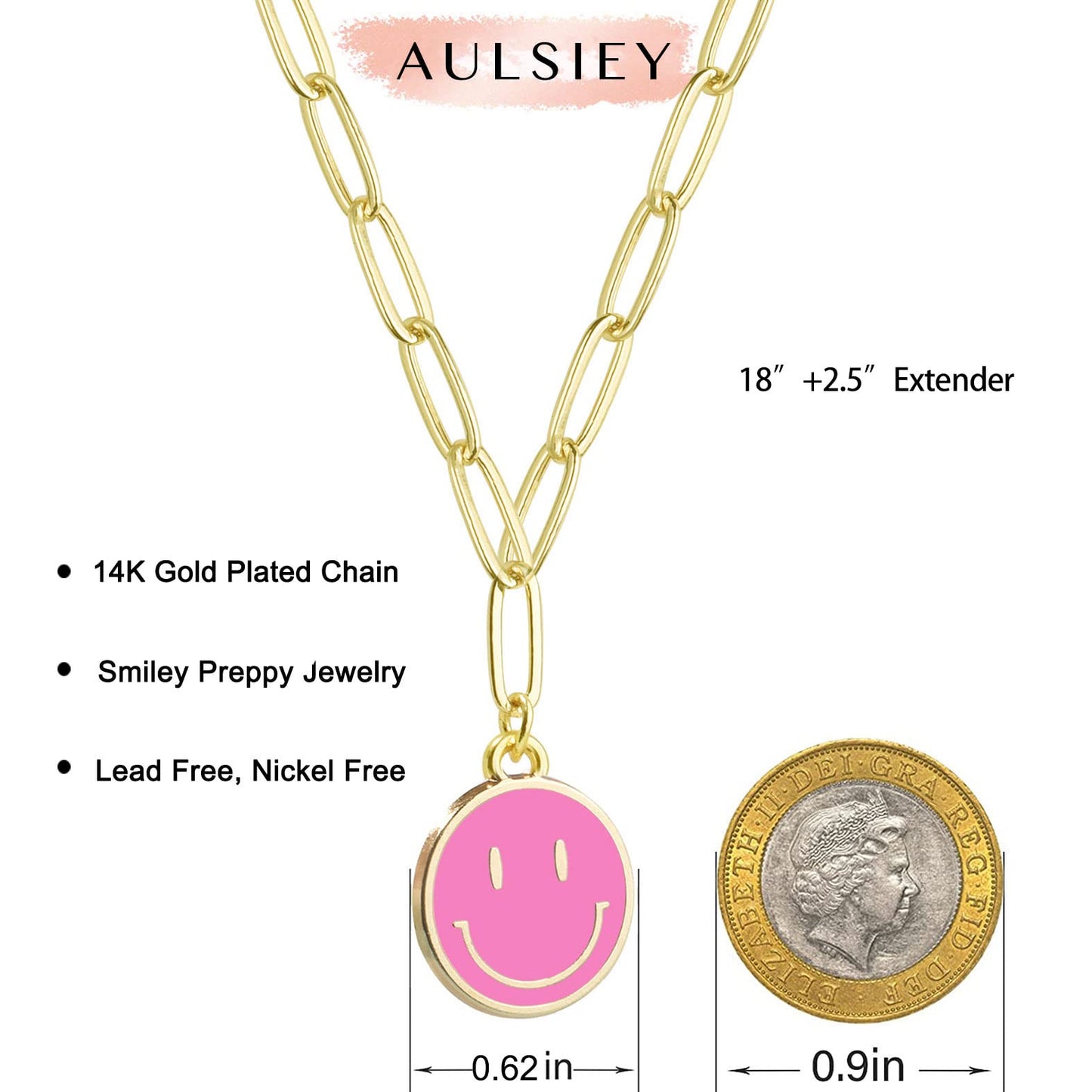 JSJOY Smiley Face Necklace 14K Gold Plated Paperclip Necklace Preppy Jewelry Y2K Trendy Necklace for Women Teen Girls