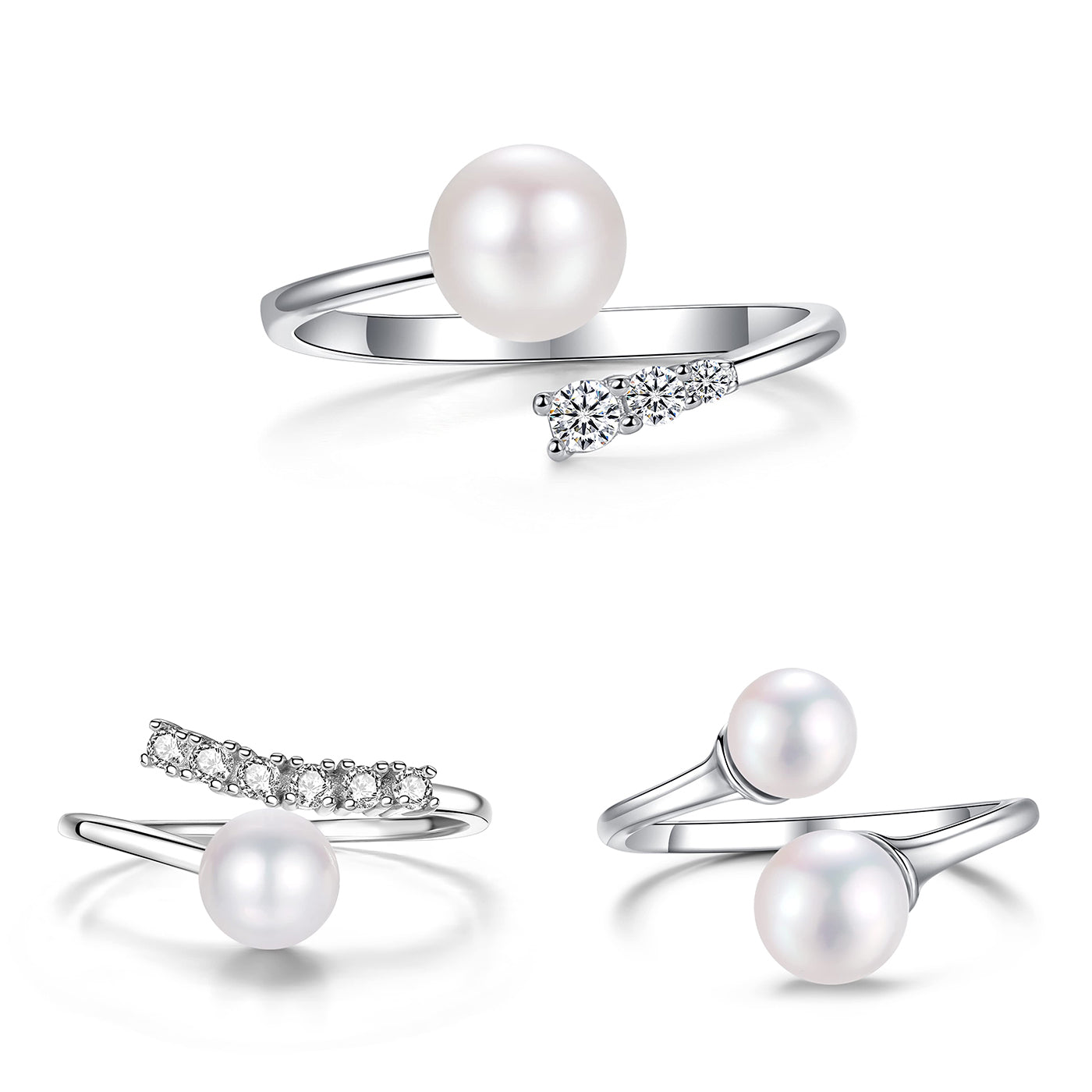 Pearl Ring Sterling Silver Rings for Women 925 Adjustable with Cubic Zirconia Open June Birthstone Rings for Teen Girls with Real Round Genuine Freshwater Cultured Stackable