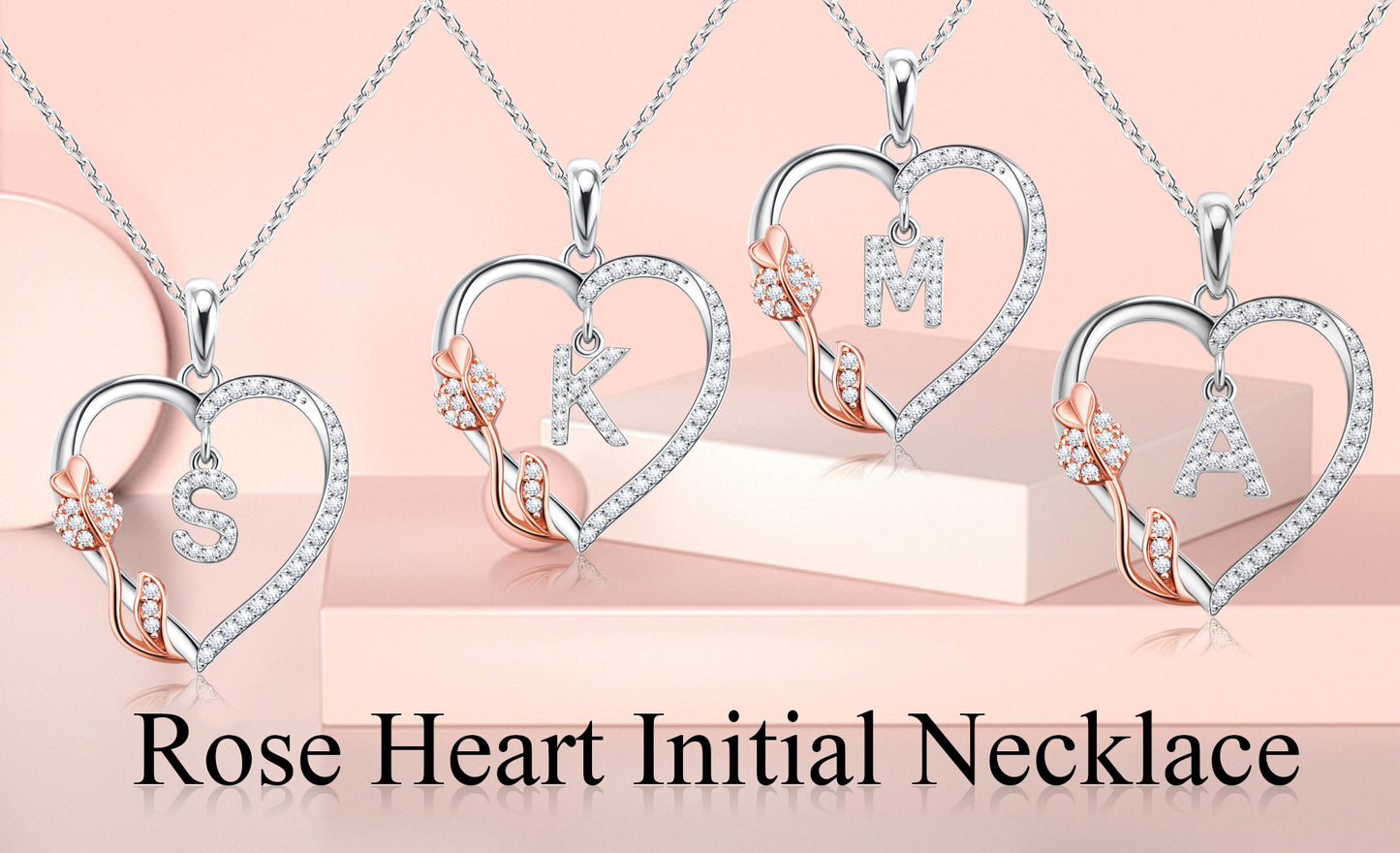 JSJOY Rose Heart Necklaces Gifts for Women Heart Initial Letter Pendant Necklaces Jewelry Anniversary Valentines Day Gifts for Her Mothers Day Birthday Gifts for Women Girls