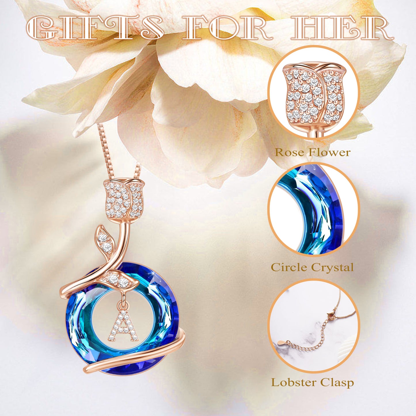 JSJOY Rose flower pendant initial necklace angel ring zircon inlaid necklace festival anniversary valentine's day mother's day Graduation season gift