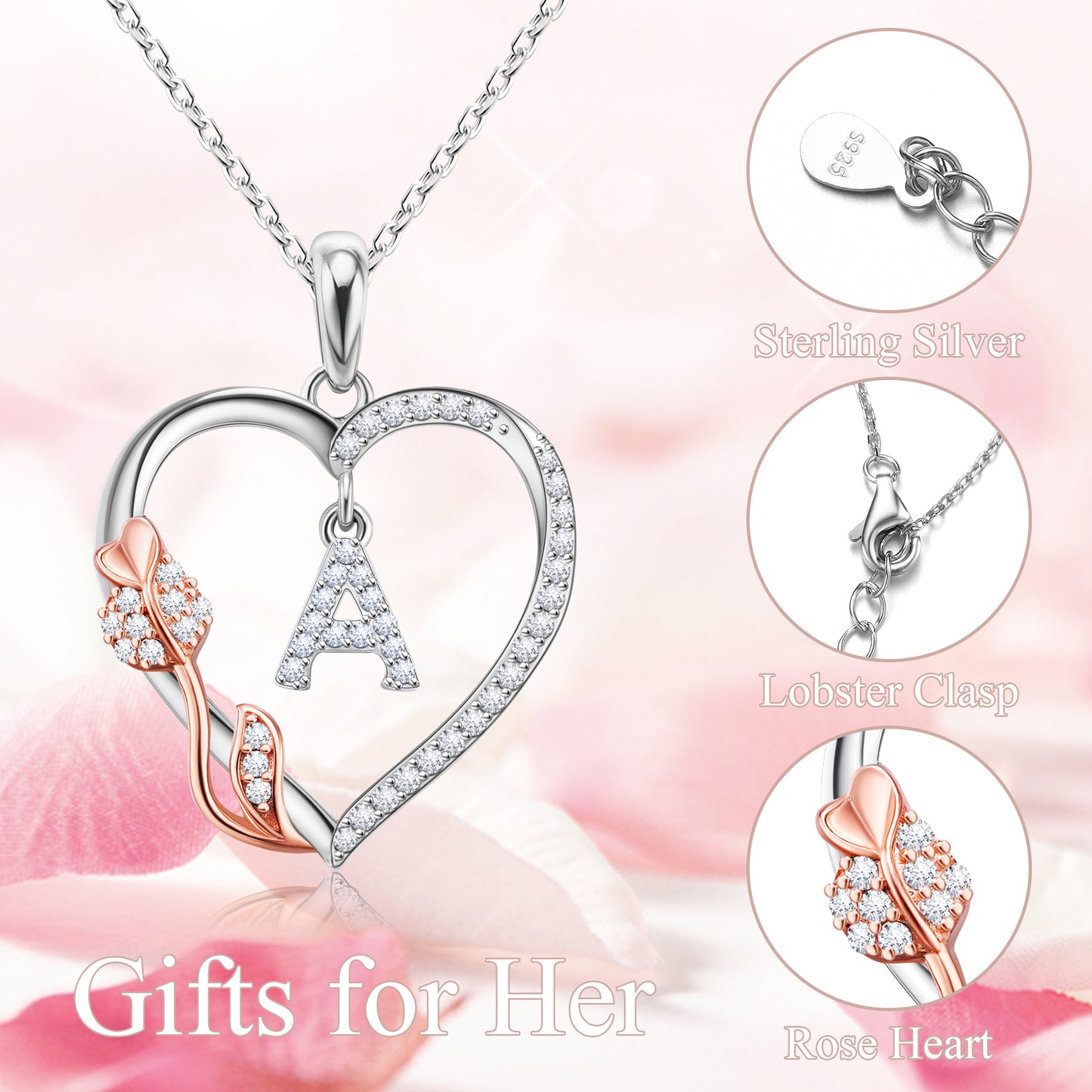JSJOY Rose Heart Necklaces Gifts for Women Heart Initial Letter Pendant Necklaces Jewelry Anniversary Valentines Day Gifts for Her Mothers Day Birthday Gifts for Women Girls
