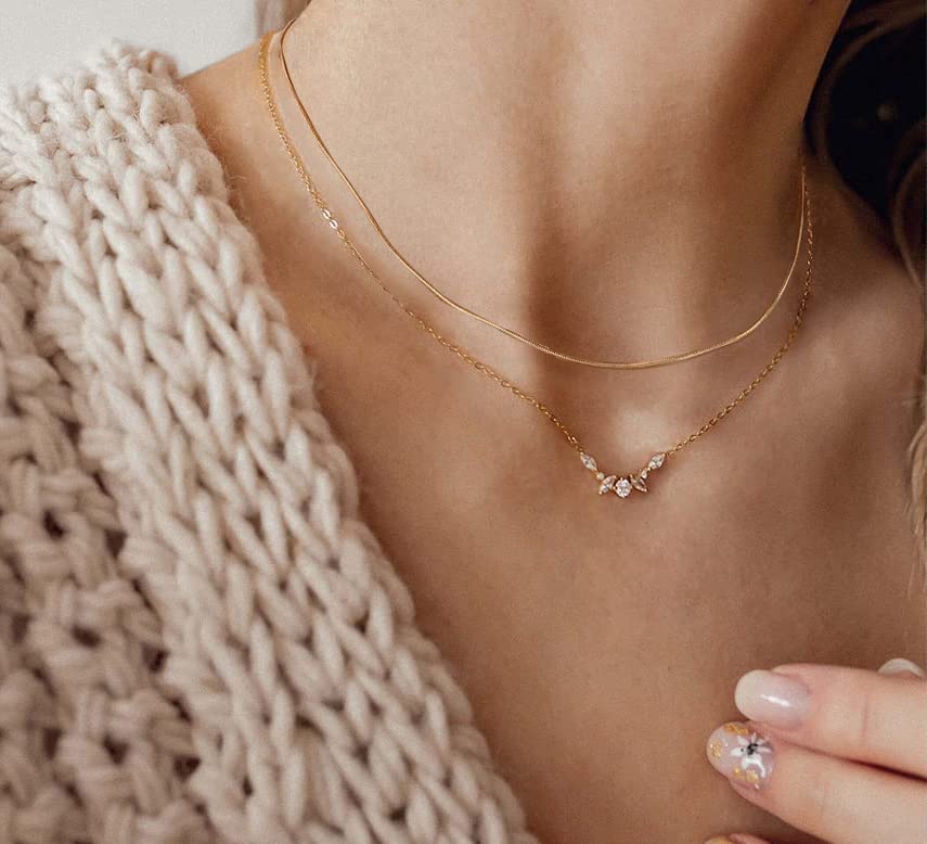 JSJOY Women Dainty Leaf Necklace 14k Gold Plated Layered CZ Moon Necklace Simple Diamond Choker Necklaces for Women Trendy Jewelry Gifts for Girls