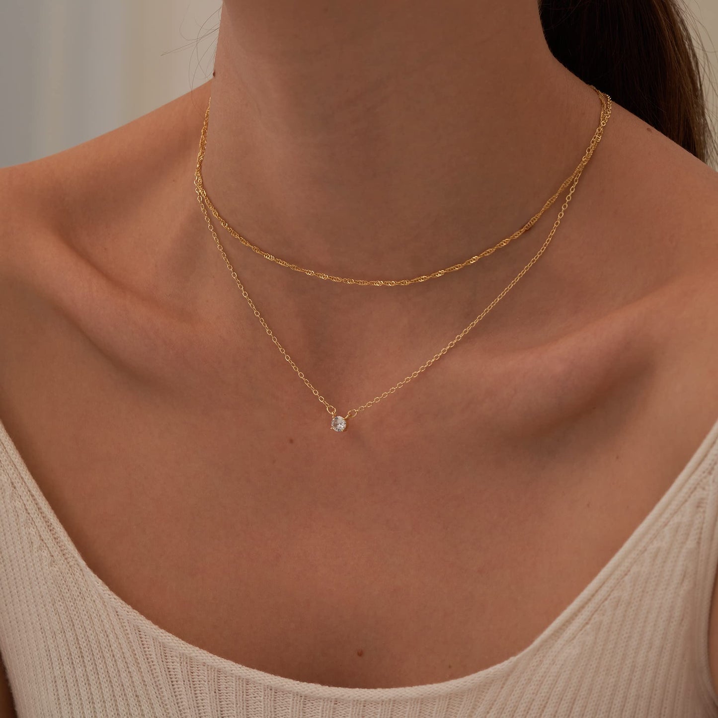 JSJOY Layered necklace Diamond Necklaces for Women Dainty Gold Necklace 14k Gold Plated Long Lariat Simple Gold CZ Diamond Choker for Women Trendy Gold Necklace Jewelry Gifts for Girls