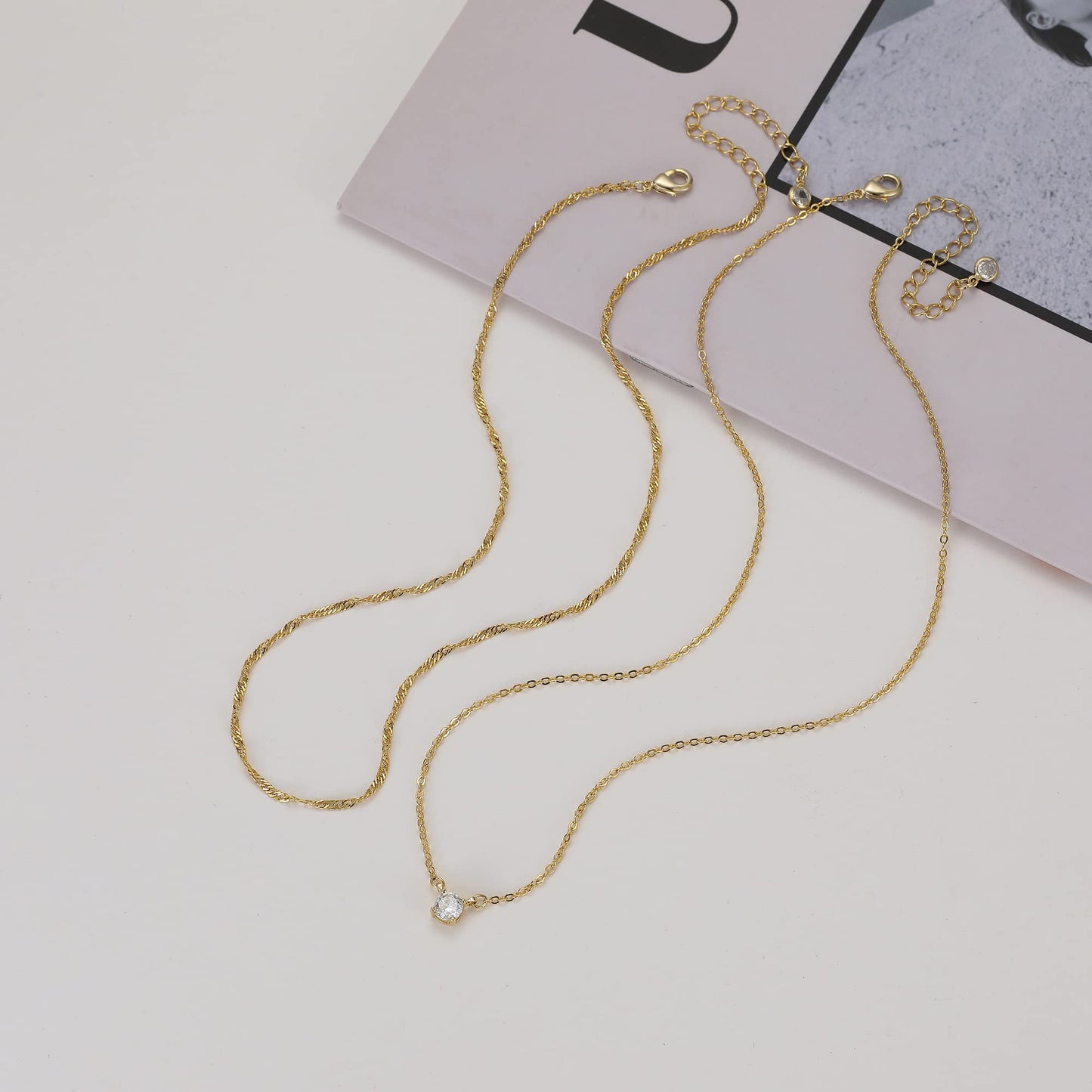 JSJOY Layered necklace Diamond Necklaces for Women Dainty Gold Necklace 14k Gold Plated Long Lariat Simple Gold CZ Diamond Choker for Women Trendy Gold Necklace Jewelry Gifts for Girls