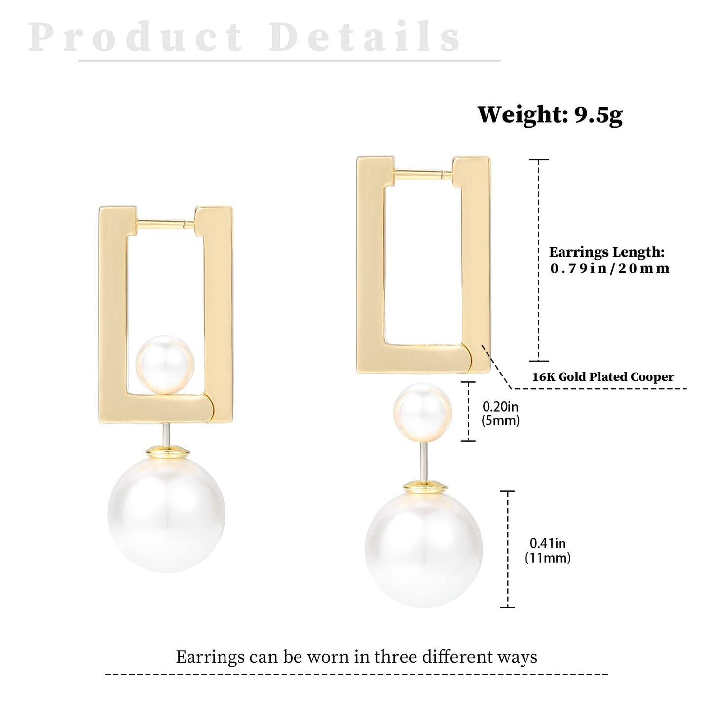 Pearl Earrings Studs 16K Gold Plated Multi-Wearing Pearl Pendants 925 Sterling Silver Needle Double Sided Earring for Women Girls