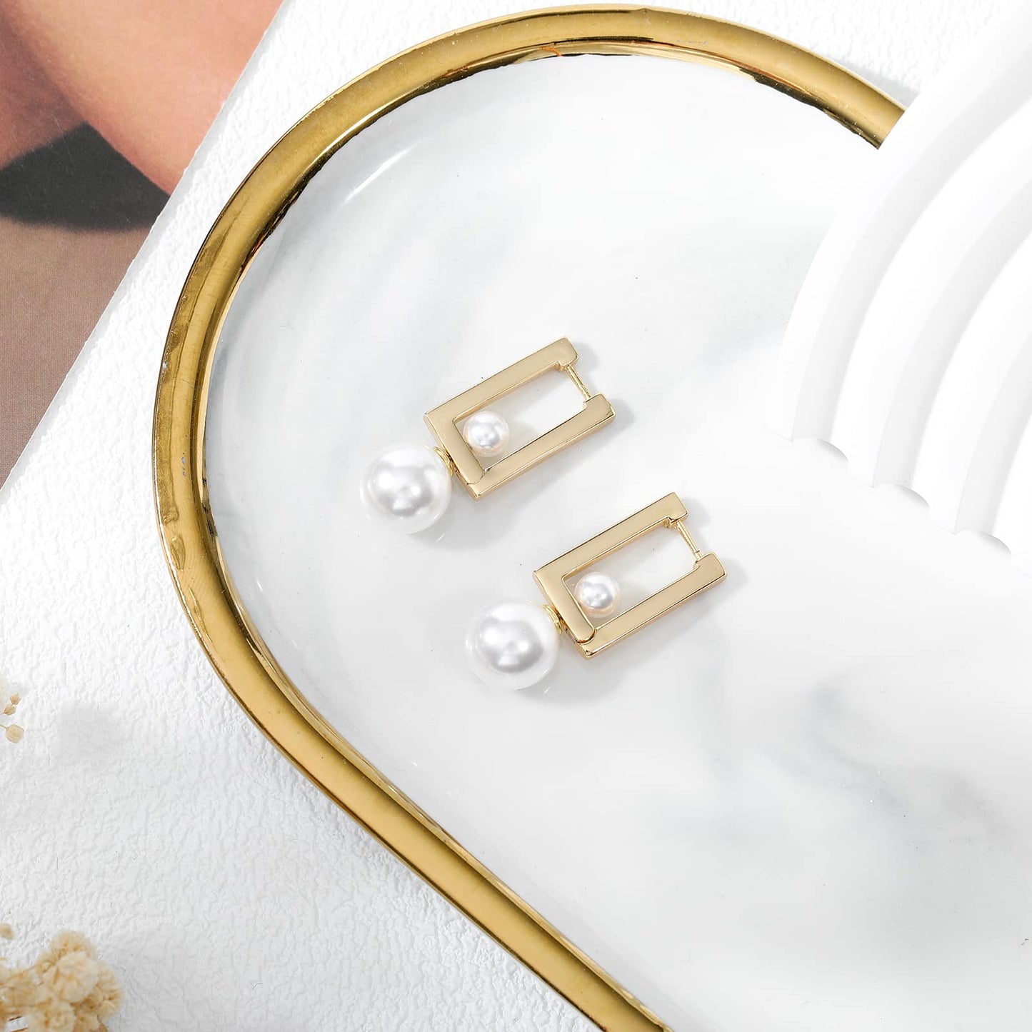Pearl Earrings Studs 16K Gold Plated Multi-Wearing Pearl Pendants 925 Sterling Silver Needle Double Sided Earring for Women Girls