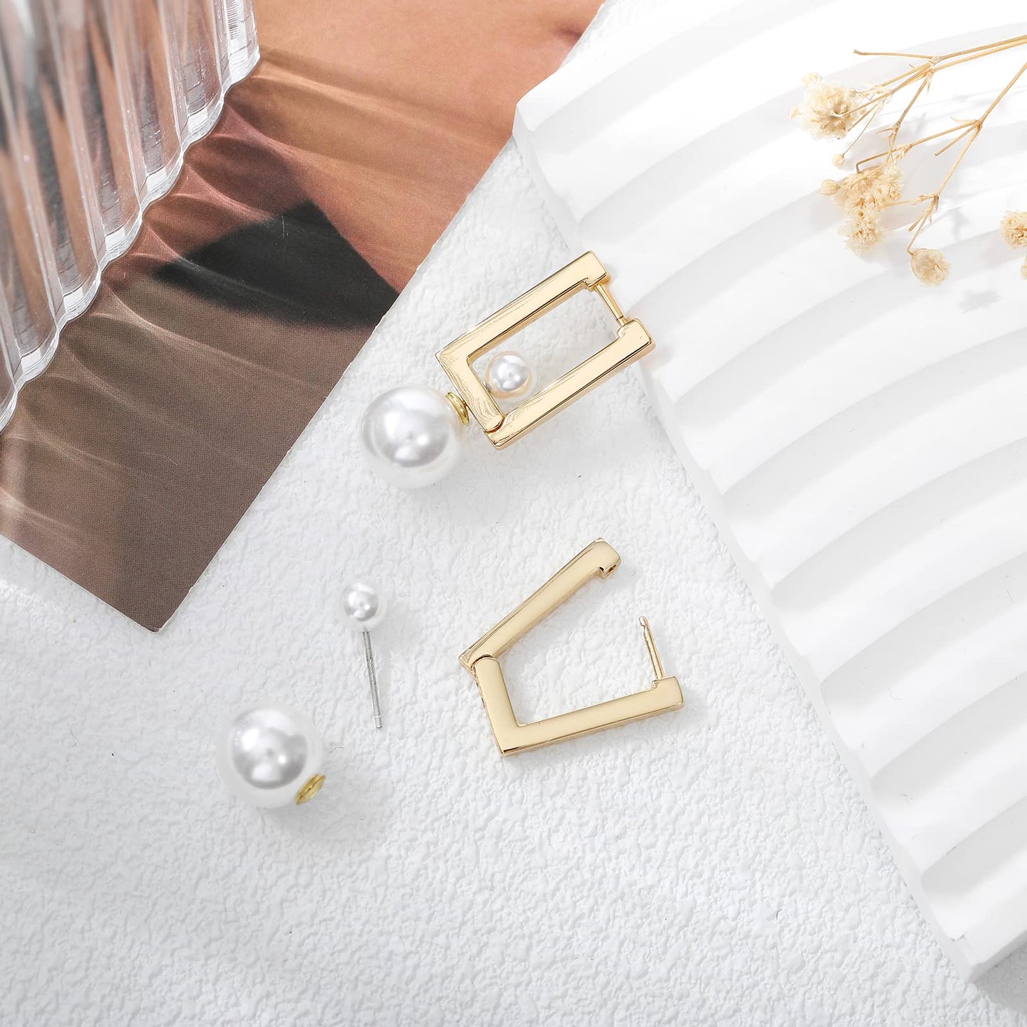 Pearl Earrings Studs 16K Gold Plated Multi-Wearing Pearl Pendants 925 Sterling Silver Needle Double Sided Earring for Women Girls