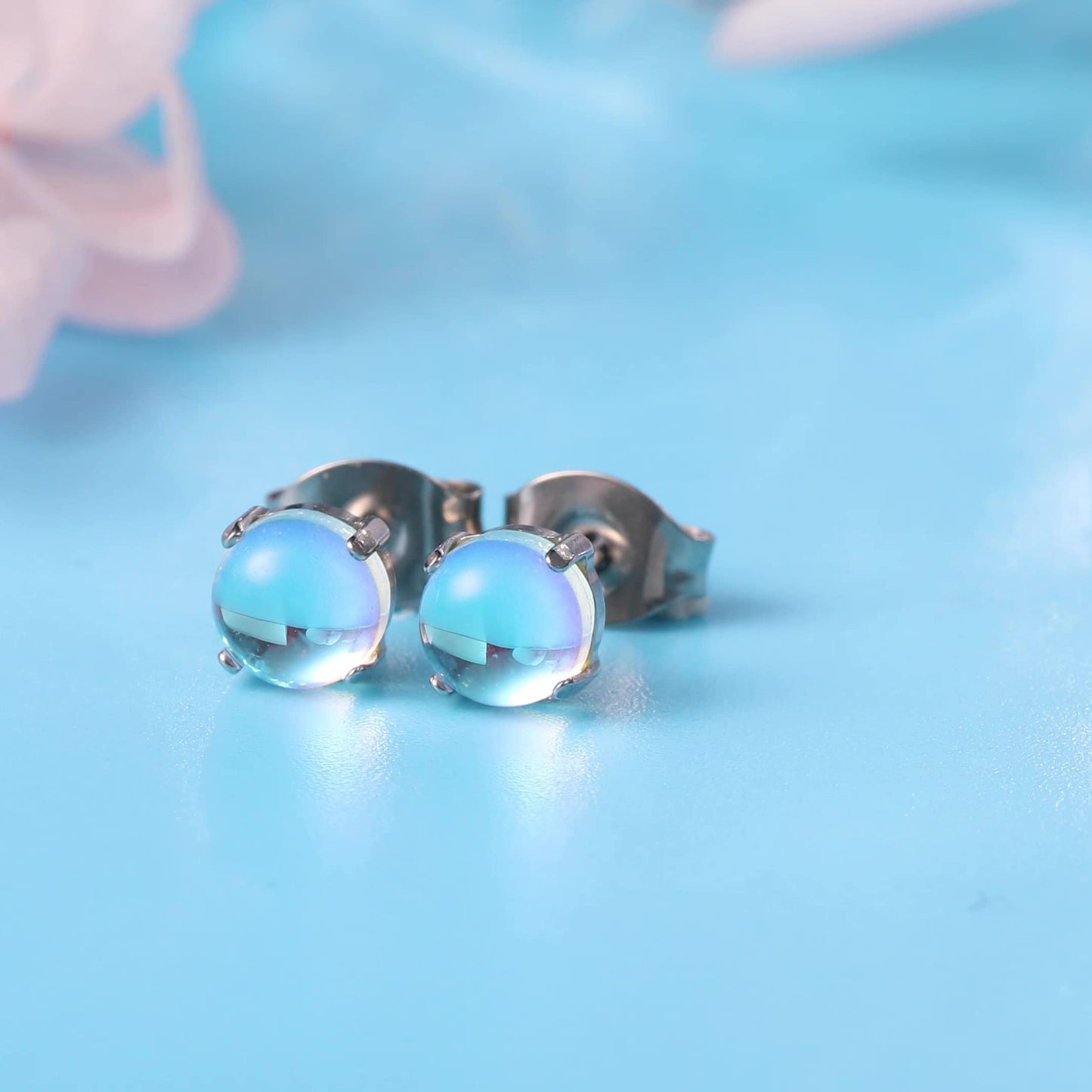 Opal/Moonstone Cat's Eye Blue Turquoise Stud Earrings Pure Titanium Hypoallergenic Earrings Stud Earrings Implant Grade Delicate Jewelry For Sensitive Ears