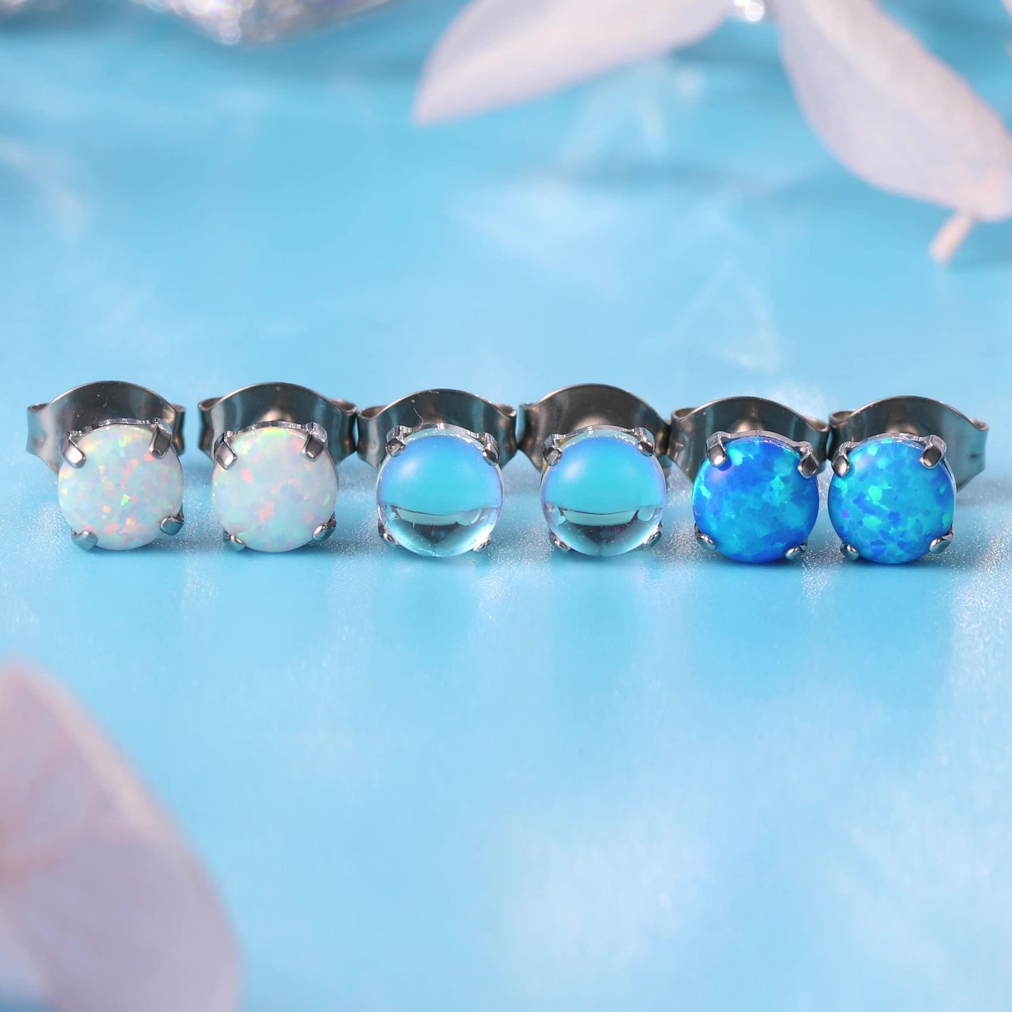 Opal/Moonstone Cat's Eye Blue Turquoise Stud Earrings Pure Titanium Hypoallergenic Earrings Stud Earrings Implant Grade Delicate Jewelry For Sensitive Ears