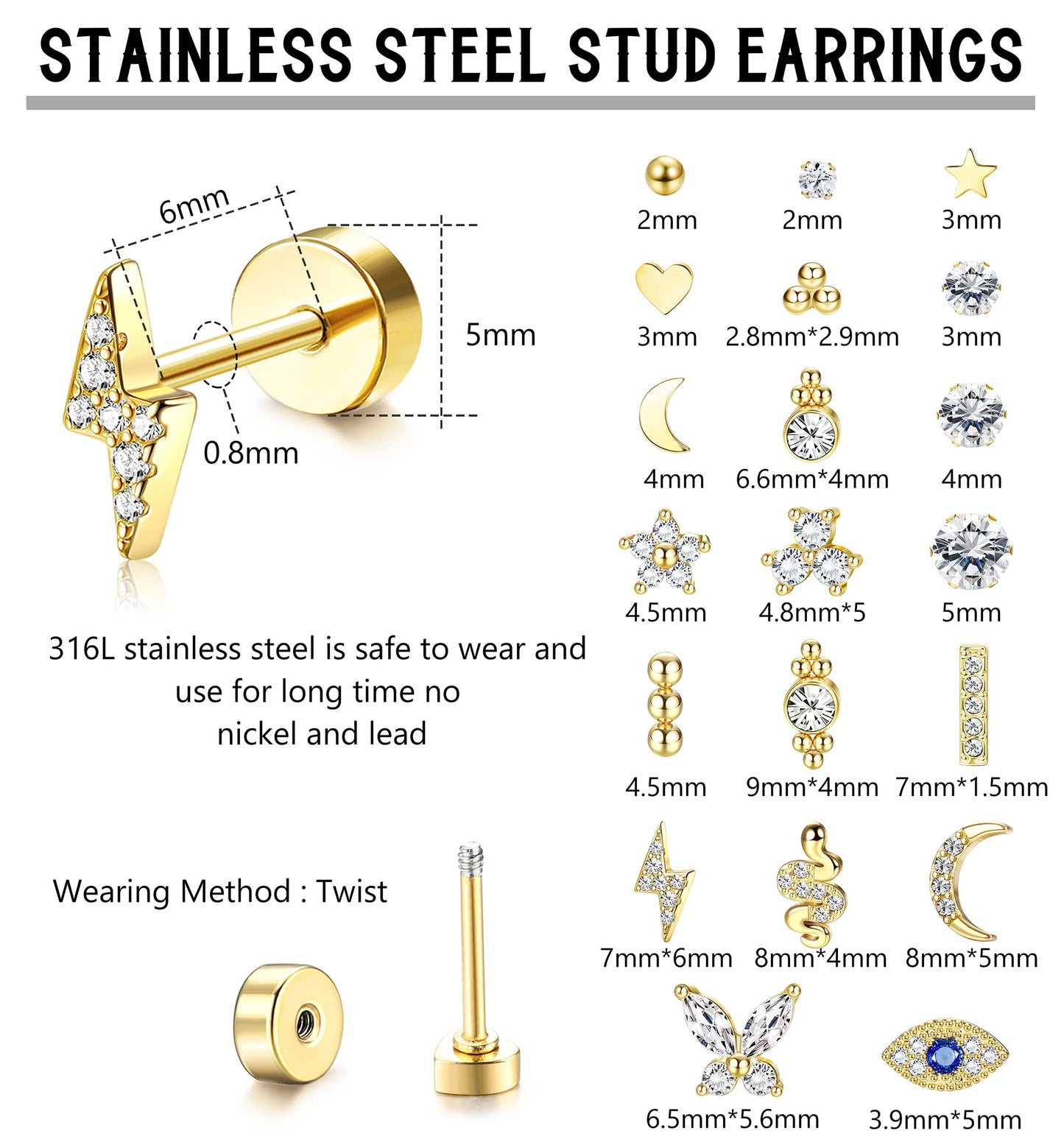 JSJOY 20Pcs Stainless Steel Stud Earrings for Women Men 20G Tiny Cartilage Stud Earrings Small Snake Star Moon Ball Butterfly Heart Eye Flower Screwback Flat Back Stud Earrings Piercing Jewelry Set