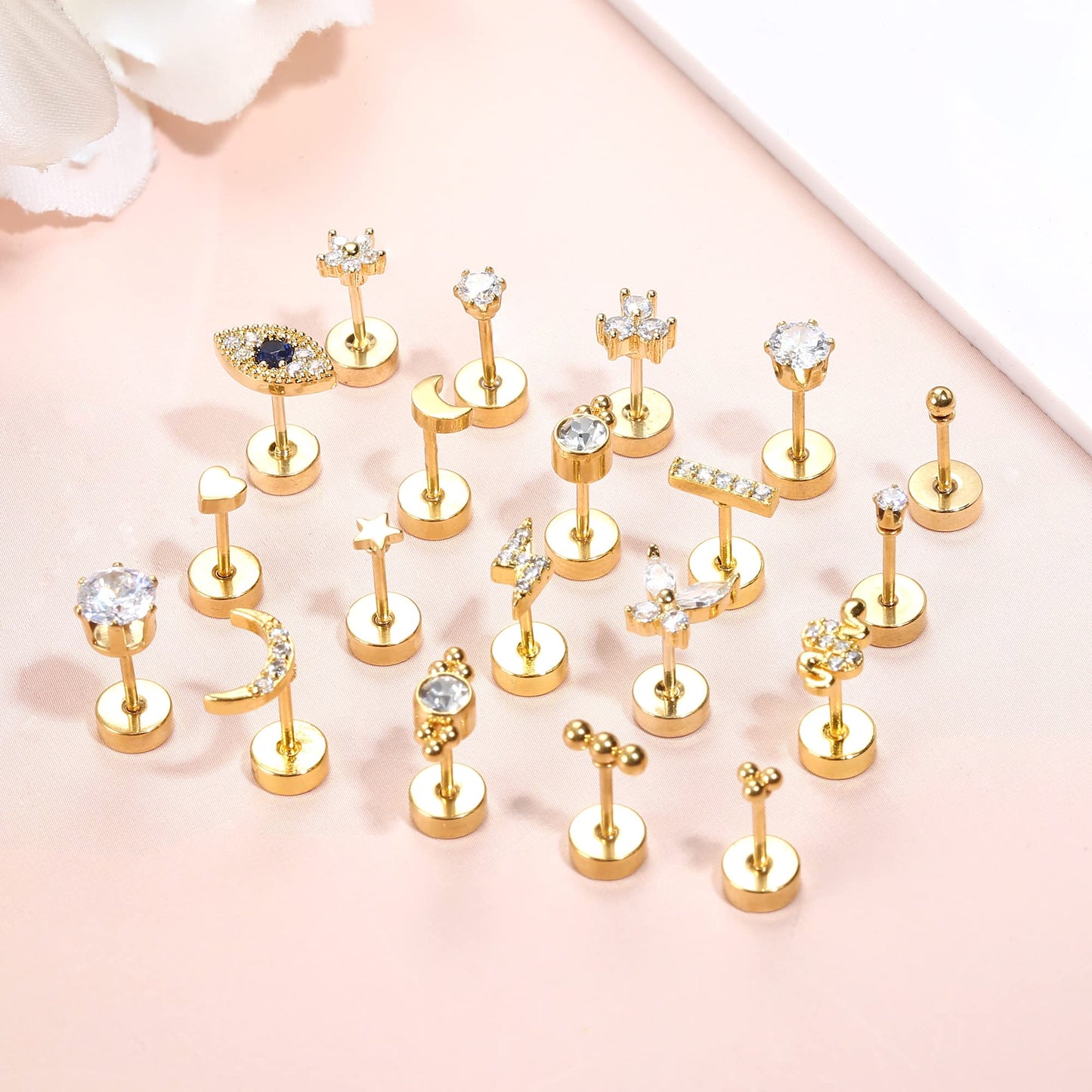 JSJOY 20Pcs Stainless Steel Stud Earrings for Women Men 20G Tiny Cartilage Stud Earrings Small Snake Star Moon Ball Butterfly Heart Eye Flower Screwback Flat Back Stud Earrings Piercing Jewelry Set