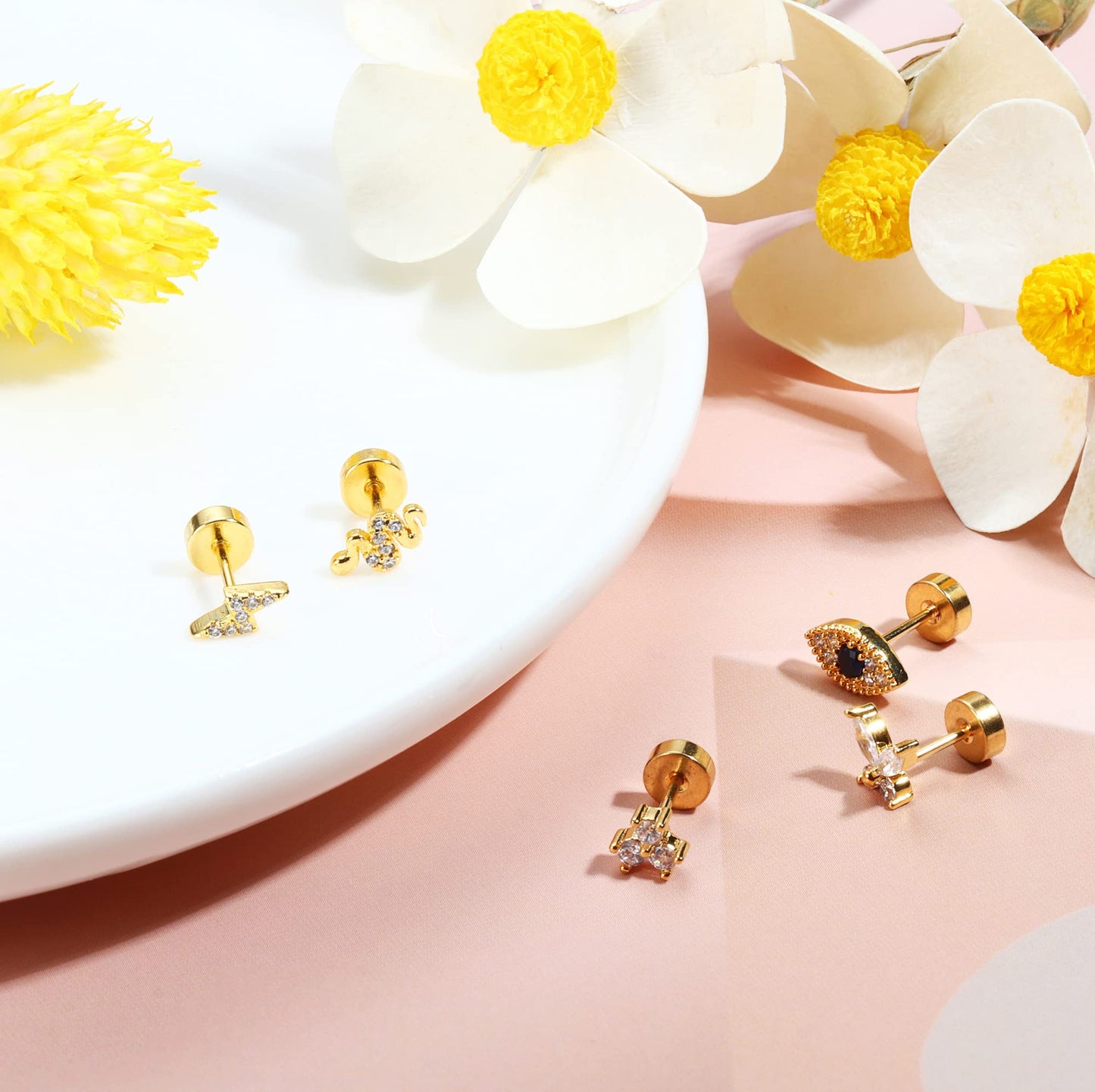 JSJOY 20Pcs Stainless Steel Stud Earrings for Women Men 20G Tiny Cartilage Stud Earrings Small Snake Star Moon Ball Butterfly Heart Eye Flower Screwback Flat Back Stud Earrings Piercing Jewelry Set
