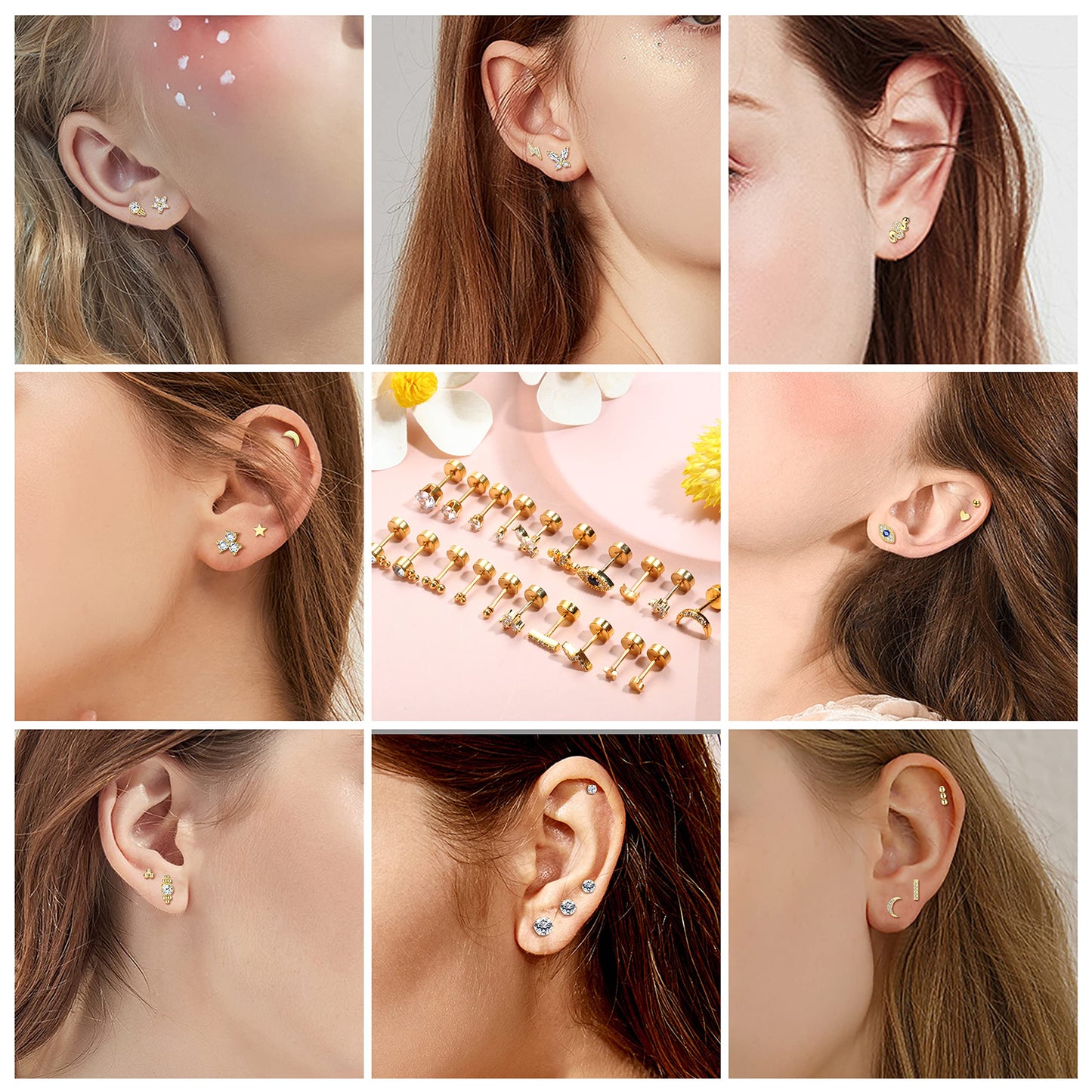JSJOY 20Pcs Stainless Steel Stud Earrings for Women Men 20G Tiny Cartilage Stud Earrings Small Snake Star Moon Ball Butterfly Heart Eye Flower Screwback Flat Back Stud Earrings Piercing Jewelry Set