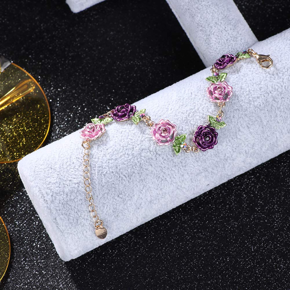 JSJOY Flower Bracelet Colorful Link Bracelets Rose Flower Leaf Bangle Bracelet Anklet Cloisonne Chain Hand Jewelry with Charm for Women Lady Girl Daughter with Extension Chain Gift Box gift